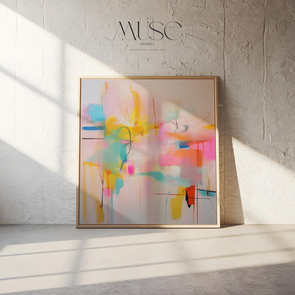Square Framed Abstract Wall Art, Vibrant Pink Yellow and Aqua Colorful Boho Canvas, Playful Retro Decor for Modern Interiors 031 Framed Canvas Art Colorful abstract wall art on framed canvas, perfect for bold decor art and modern wall decor. Large statement piece with expressive brushstrokes and rich textures. Ready-to-hang giclée canvas designed to energize living rooms, offices, and curated interiors. Muse Studio Decor Art.