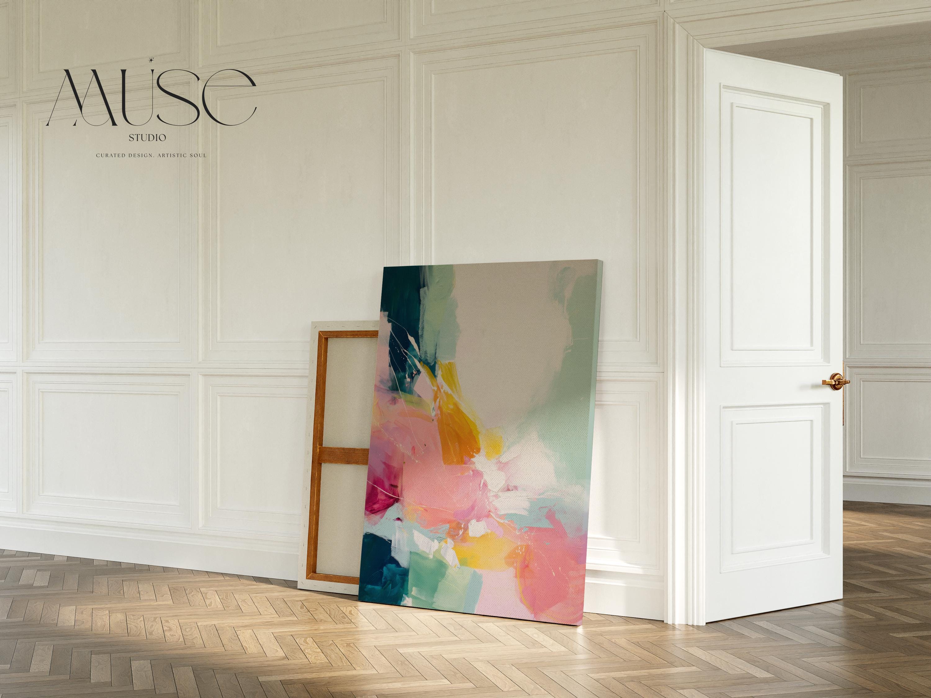 Vertical abstract wall art with soft contemporary styling, featuring bold strokes of pink, coral, teal, yellow, and soft mint green. The vibrant yet airy composition is printed on a high-quality canvas, displayed against a clean white wall in natural light. This color pop artwork from Muse Studio brings energetic movement and a modern touch to curated interiors, perfect for bedrooms, entryways, or stylish living spaces.