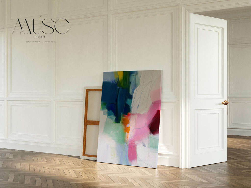 Bold vertical canvas wall art featuring an abstract composition of navy, hot pink, coral, mint, and orange. Expressive brushstrokes and dynamic texture create a preppy contemporary aesthetic ideal for designers and modern interiors. Styled for vertical placement in offices, bedrooms, or colorful wall vignettes.