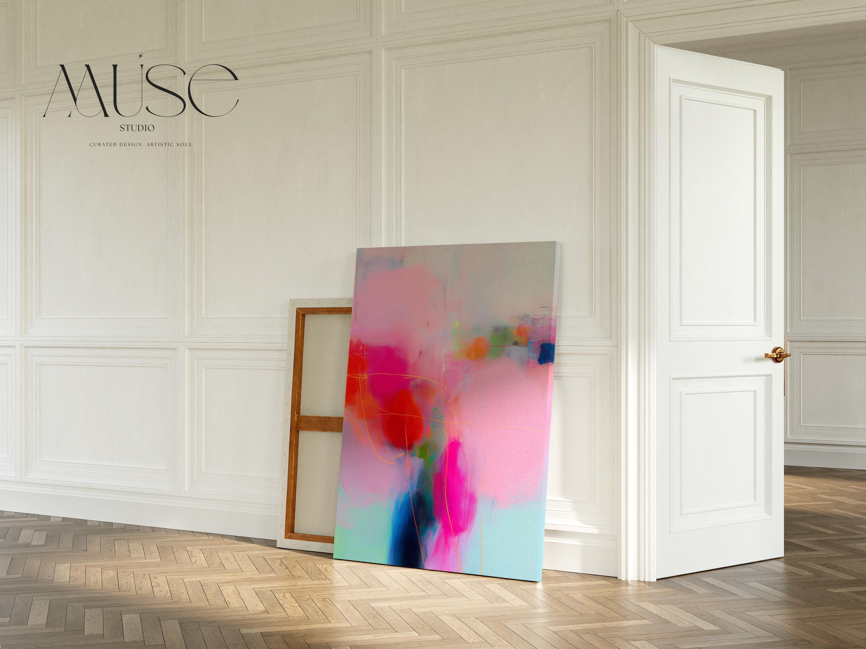 Bold Color Pop Canvas Art in Pink, Coral, and Aqua, Eclectic Abstract Wall Art for Modern Living Room or Bedroom Decor 435 Stretched Canvas Art Large abstract wall decor on stretched canvas, gallery-wrapped and ready to hang. Perfect for colorful wall art in living rooms, office spaces, and design projects. Giclée canvas print with bold brushwork and vibrant modern style for impactful home decor. Muse Studio Decor Art.
