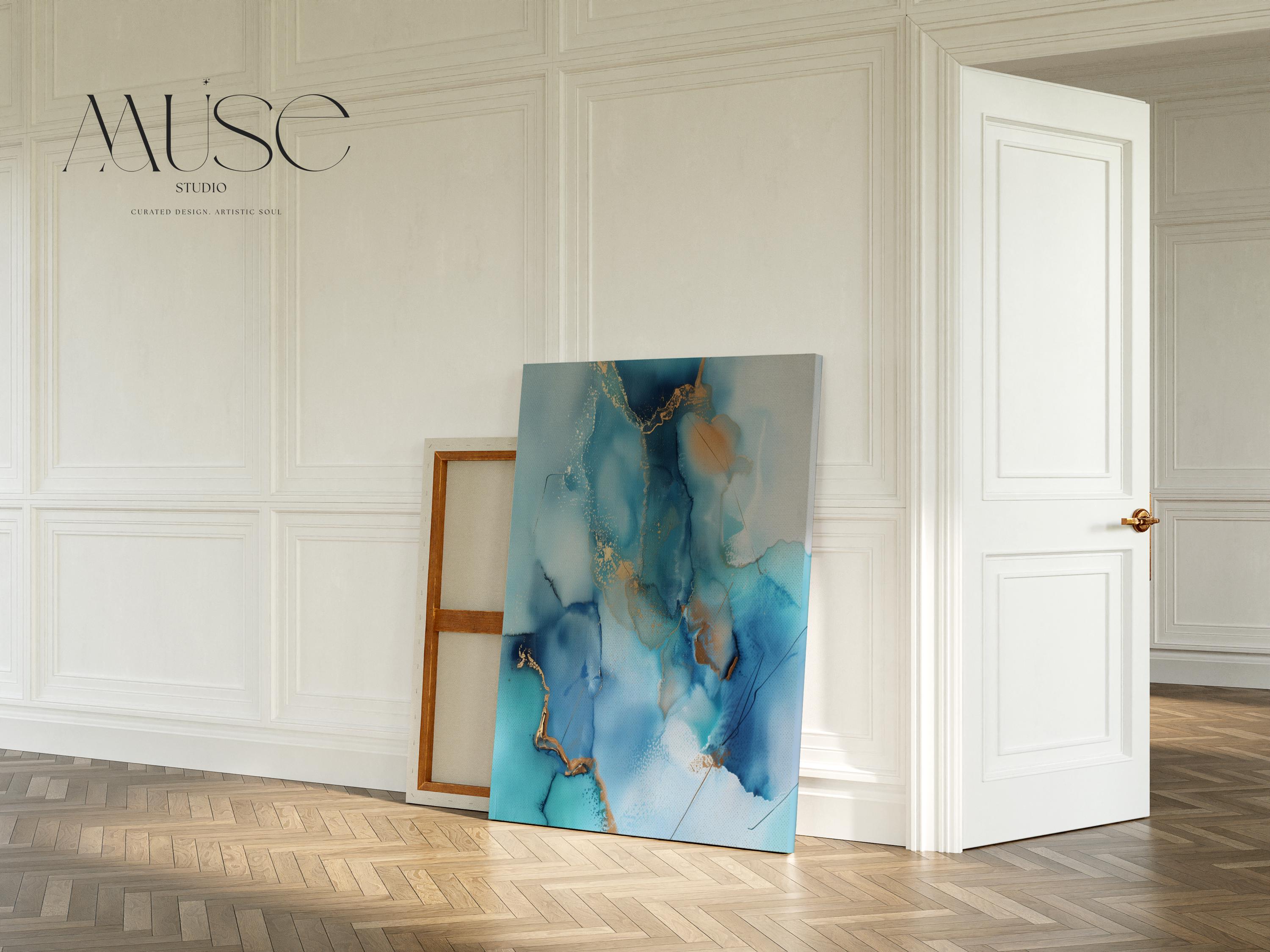 Vertical Abstract Canvas in Ocean Blues and Gold, Modern Wall Art for Coastal Decor, Elegant Beach House Style Print for Living Room 278 Stretched Canvas Art Large abstract wall decor on stretched canvas, gallery-wrapped and ready to hang. Perfect for colorful wall art in living rooms, office spaces, and design projects. Giclée canvas print with bold brushwork and vibrant modern style for impactful home decor. Muse Studio Decor Art.