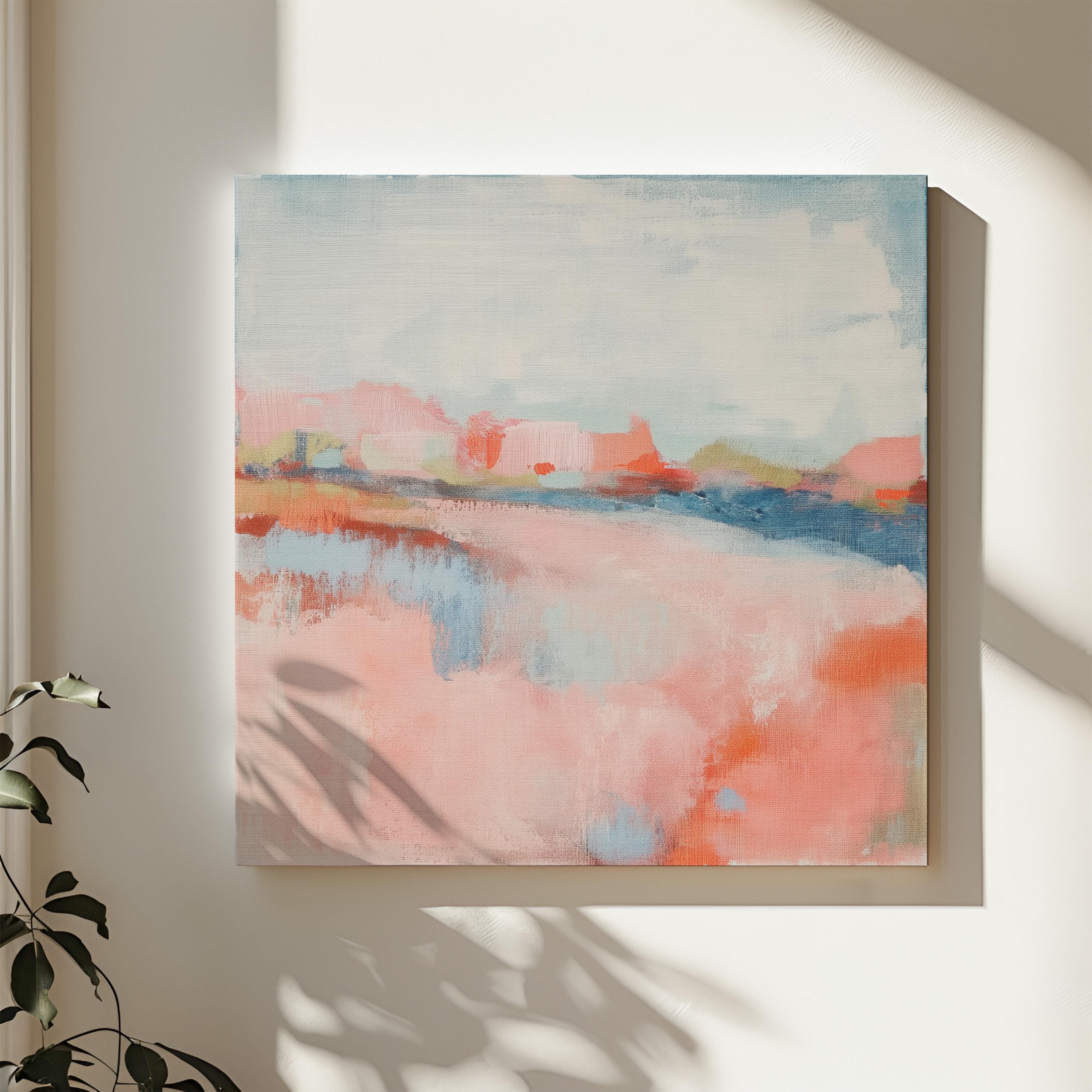 Soft Bright Abstract Canvas Art Coral Blush Blue Square Painting Pastel Botanicals Modern Decor for Bedroom Living Room Accent 384 Stretched Canvas Art Large abstract wall decor on stretched canvas, gallery-wrapped and ready to hang. Perfect for colorful wall art in living rooms, office spaces, and design projects. Giclée canvas print with bold brushwork and vibrant modern style for impactful home decor. Muse Studio Decor Art.