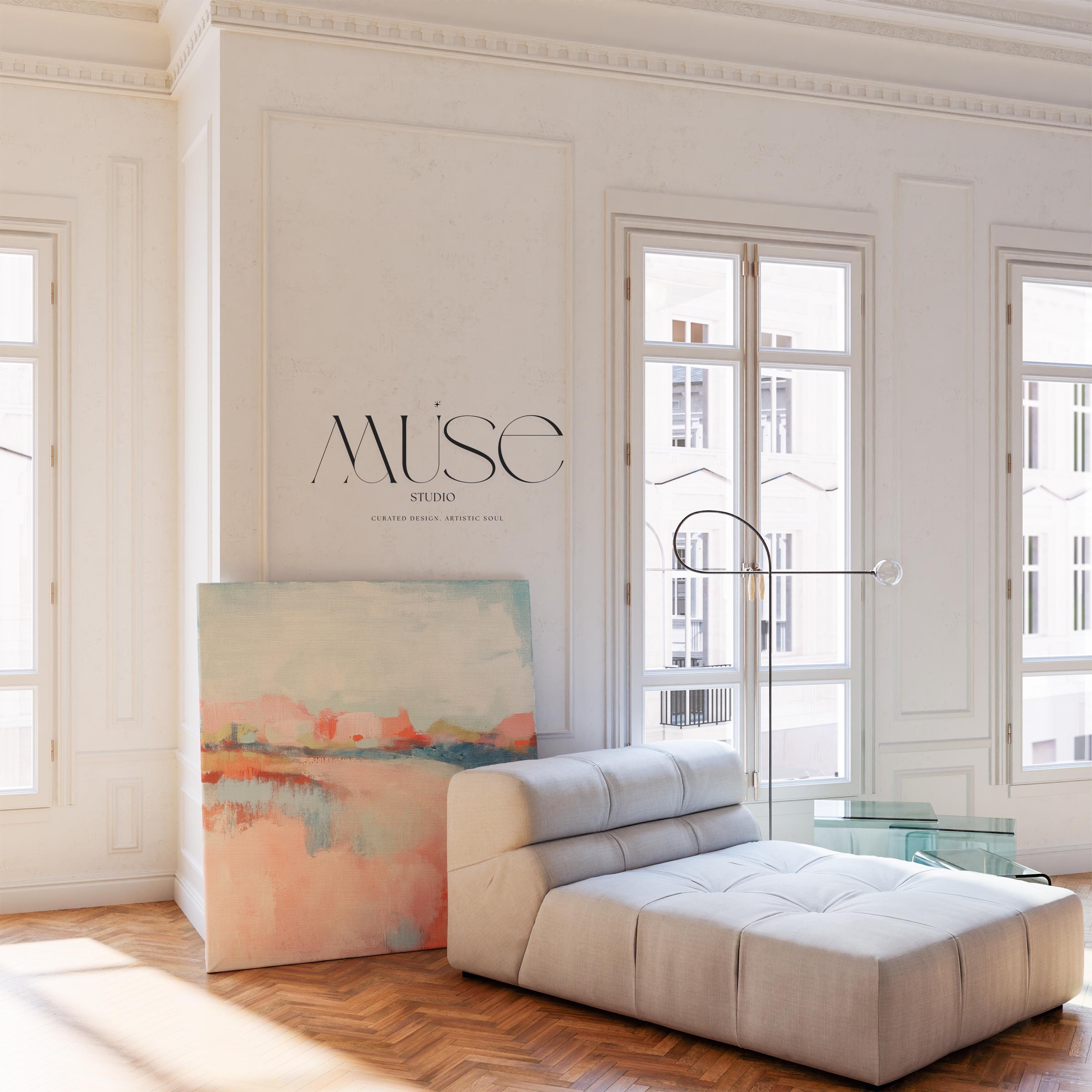 Soft Bright Abstract Canvas Art Coral Blush Blue Square Painting Pastel Botanicals Modern Decor for Bedroom Living Room Accent 384