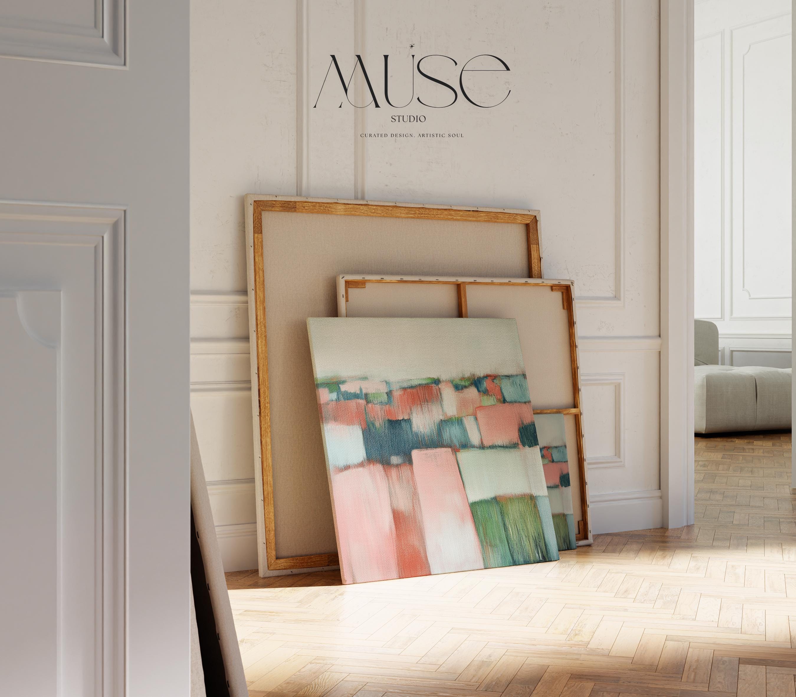 Oversized Abstract Canvas Art Coral Pink Green Large Modern Painting Eclectic Boho Muted Modern Home Decor for Living Room Bedroom 385 Stretched Canvas Art Large abstract wall decor on stretched canvas, gallery-wrapped and ready to hang. Perfect for colorful wall art in living rooms, office spaces, and design projects. Giclée canvas print with bold brushwork and vibrant modern style for impactful home decor. Muse Studio Decor Art.