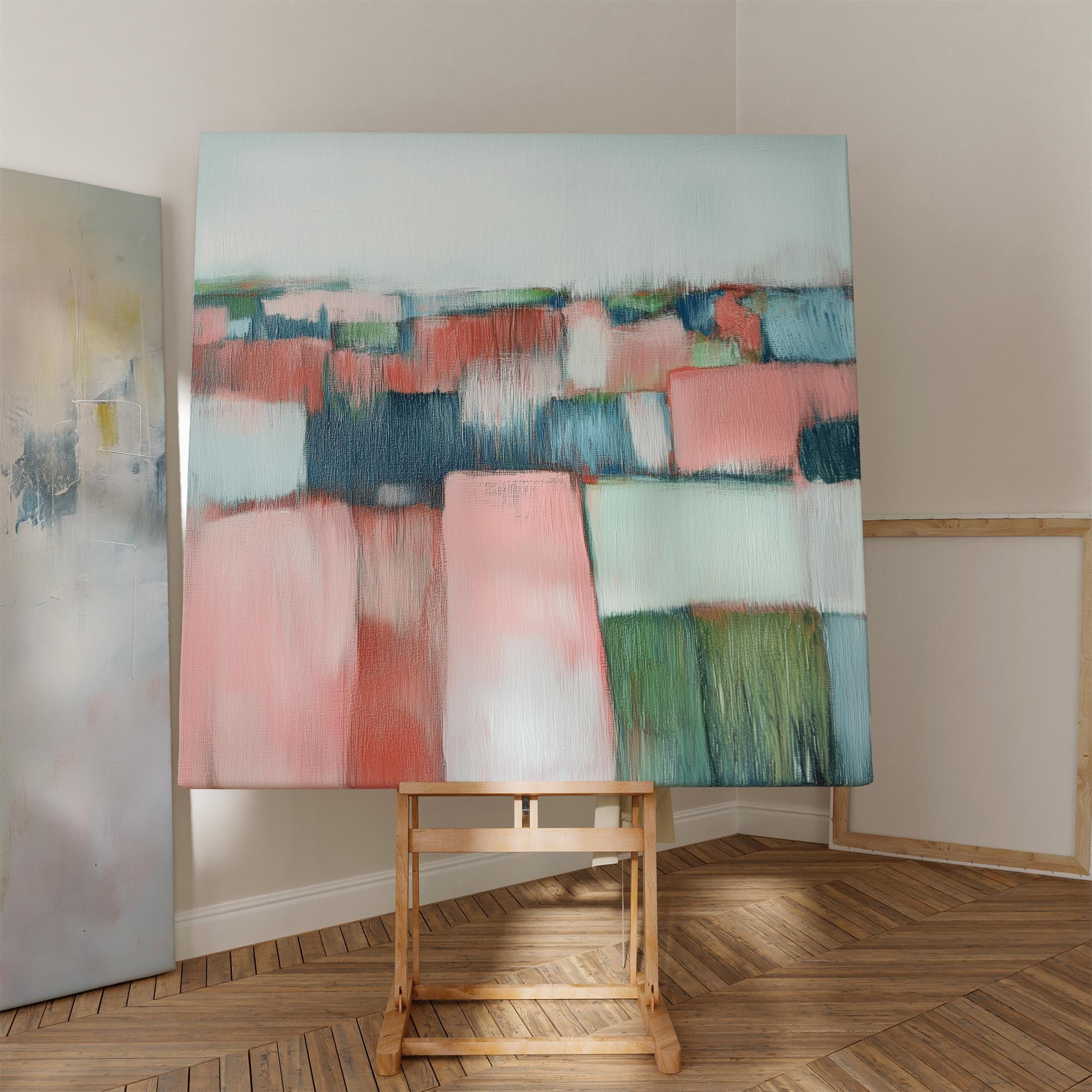 Oversized Abstract Canvas Art Coral Pink Green Large Modern Painting Eclectic Boho Muted Modern Home Decor for Living Room Bedroom 385