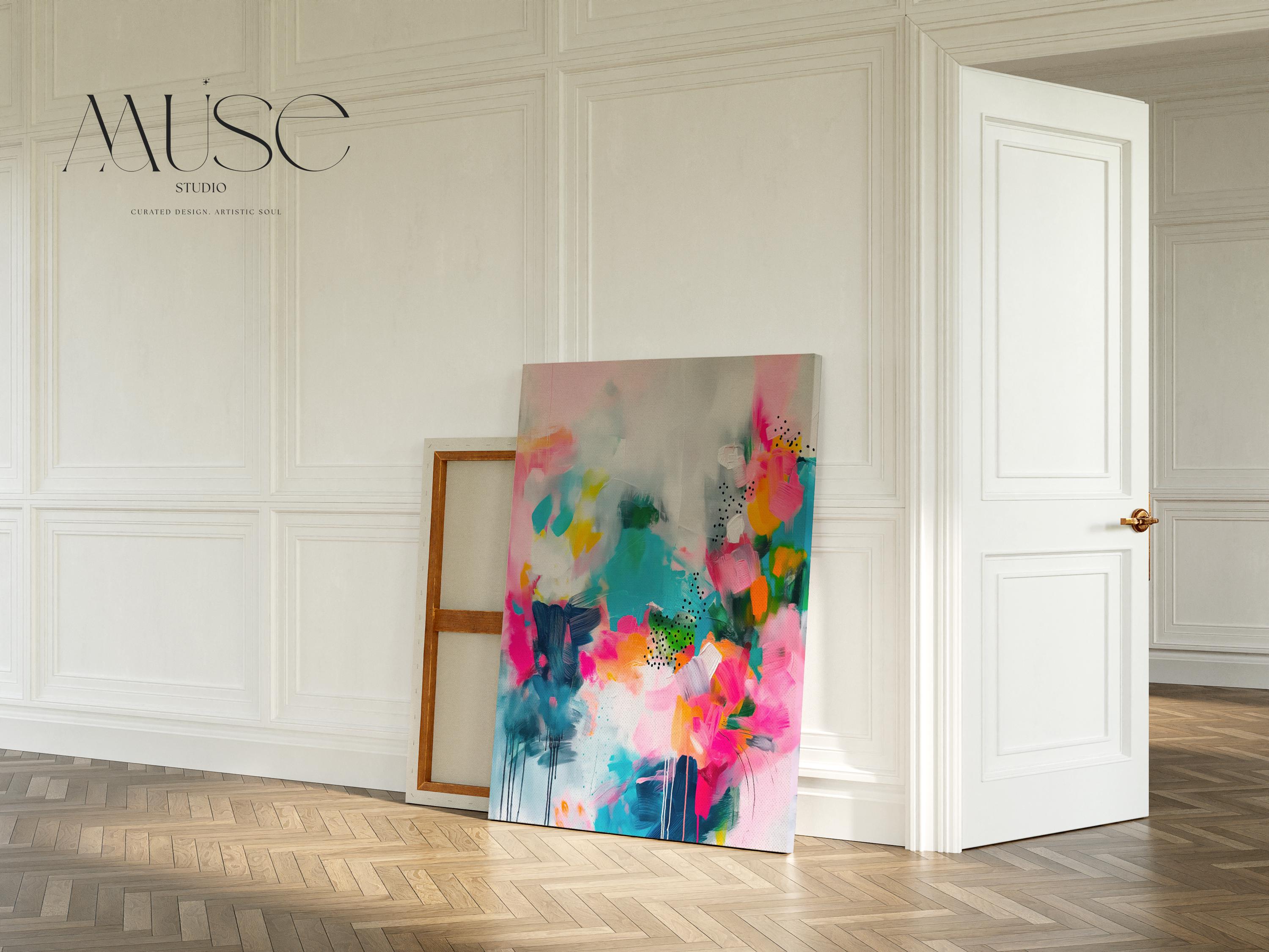 Vibrant Vertical Canvas Wall Art in Pink and Teal, Abstract Modern Painting for Home or Office, Bold Colorful Boho Decor Print 255 Stretched Canvas Art 
Large abstract wall decor on stretched canvas, gallery-wrapped and ready to hang. Perfect for colorful wall art in living rooms, office spaces, and design projects. Giclée canvas print with bold brushwork and vibrant modern style for impactful home decor. Muse Studio Decor Art.