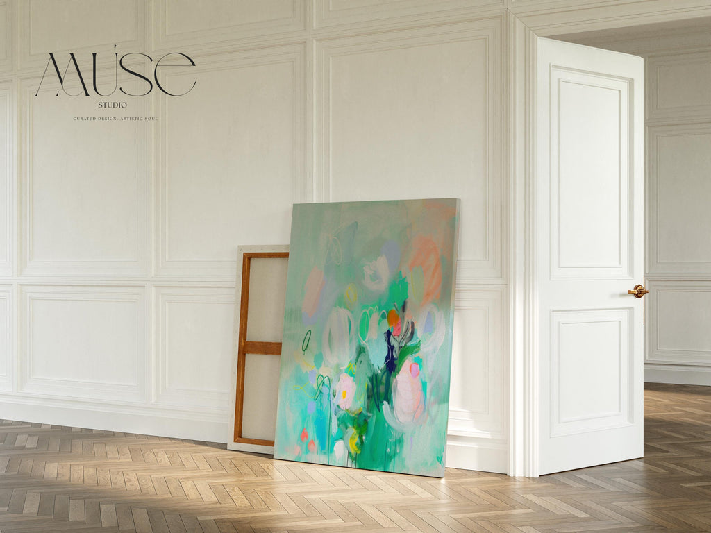 Whimsical Green Abstract Floral Canvas Art Colorful Vertical Wall Decor for Home Nursery Bright Pastel Statement Art for Home Styling 235 Large abstract wall decor on stretched canvas, gallery-wrapped and ready to hang. Perfect for colorful wall art in living rooms, office spaces, and design projects. Giclée canvas print with bold brushwork and vibrant modern style for impactful home decor. Muse Studio Decor Art.
