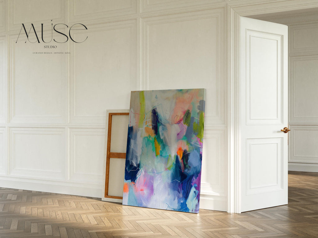 Large colorful abstract art print on stretched canvas, gallery-wrapped and ready to hang. Perfect for vibrant wall decor in homes, modern offices, and staging projects. Giclée canvas print featuring bold brushstrokes, expressive color, and modern statement style. Muse Studio Decor Art.