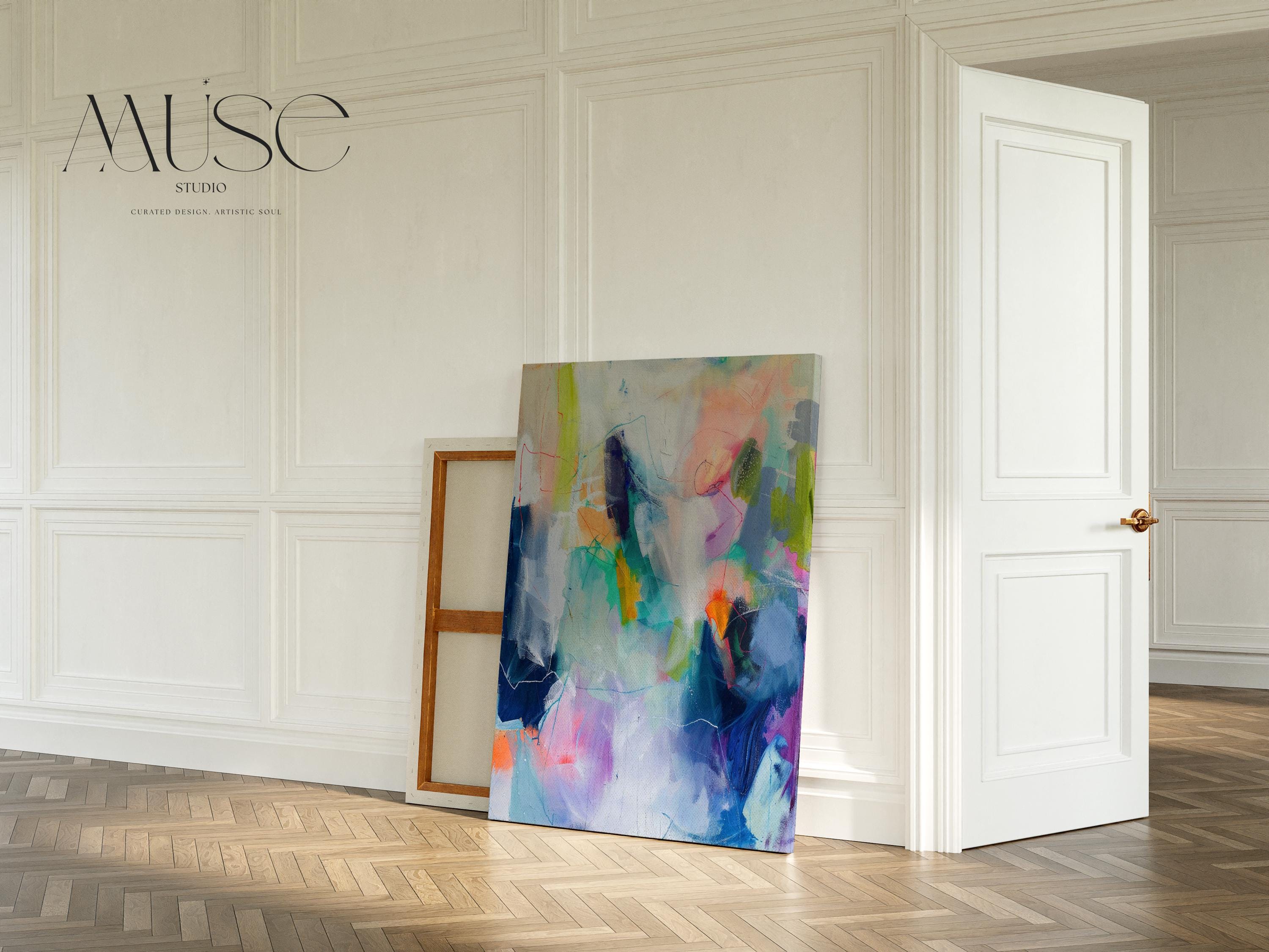 Large colorful abstract art print on stretched canvas, gallery-wrapped and ready to hang. Perfect for vibrant wall decor in homes, modern offices, and staging projects. Giclée canvas print featuring bold brushstrokes, expressive color, and modern statement style. Muse Studio Decor Art.