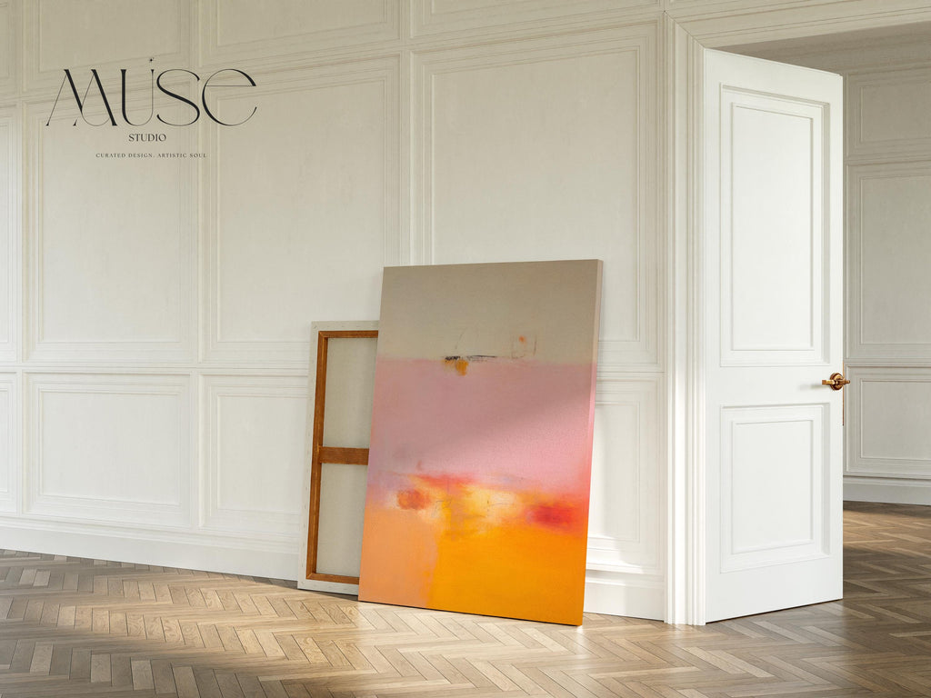 Large Abstract Wall Art by Muse Studio • Vertical Canvas Giclée Print in Pink & Orange • Soft Contemporary Oversized Living Room Decor • 068 Large colorful abstract art print on stretched canvas, gallery-wrapped and ready to hang. Perfect for vibrant wall decor in homes, modern offices, and staging projects. Giclée canvas print featuring bold brushstrokes, expressive color, and modern statement style. Muse Studio Decor Art.