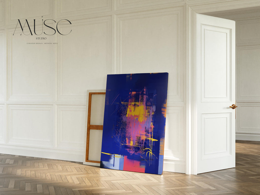 Colorful Abstract Wall Art Vertical Canvas Painting Blue Yellow Pink Modern Giclee Print Large Contemporary Artwork for Home Decor 002