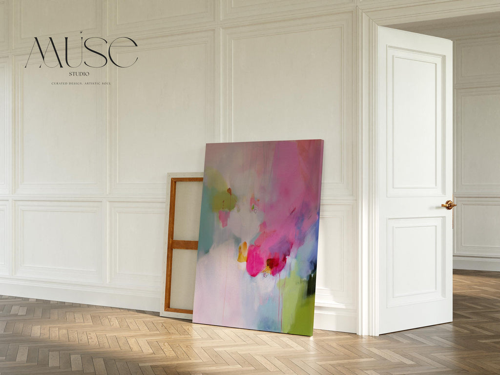 Large colorful abstract art print on stretched canvas, gallery-wrapped and ready to hang. Perfect for vibrant wall decor in homes, modern offices, and staging projects. Giclée canvas print featuring bold brushstrokes, expressive color, and modern statement style. Muted Modern Canvas Art Vertical Abstract Painting in Pink Green Soft Contemporary Wall Decor for Bedroom or Office | 425