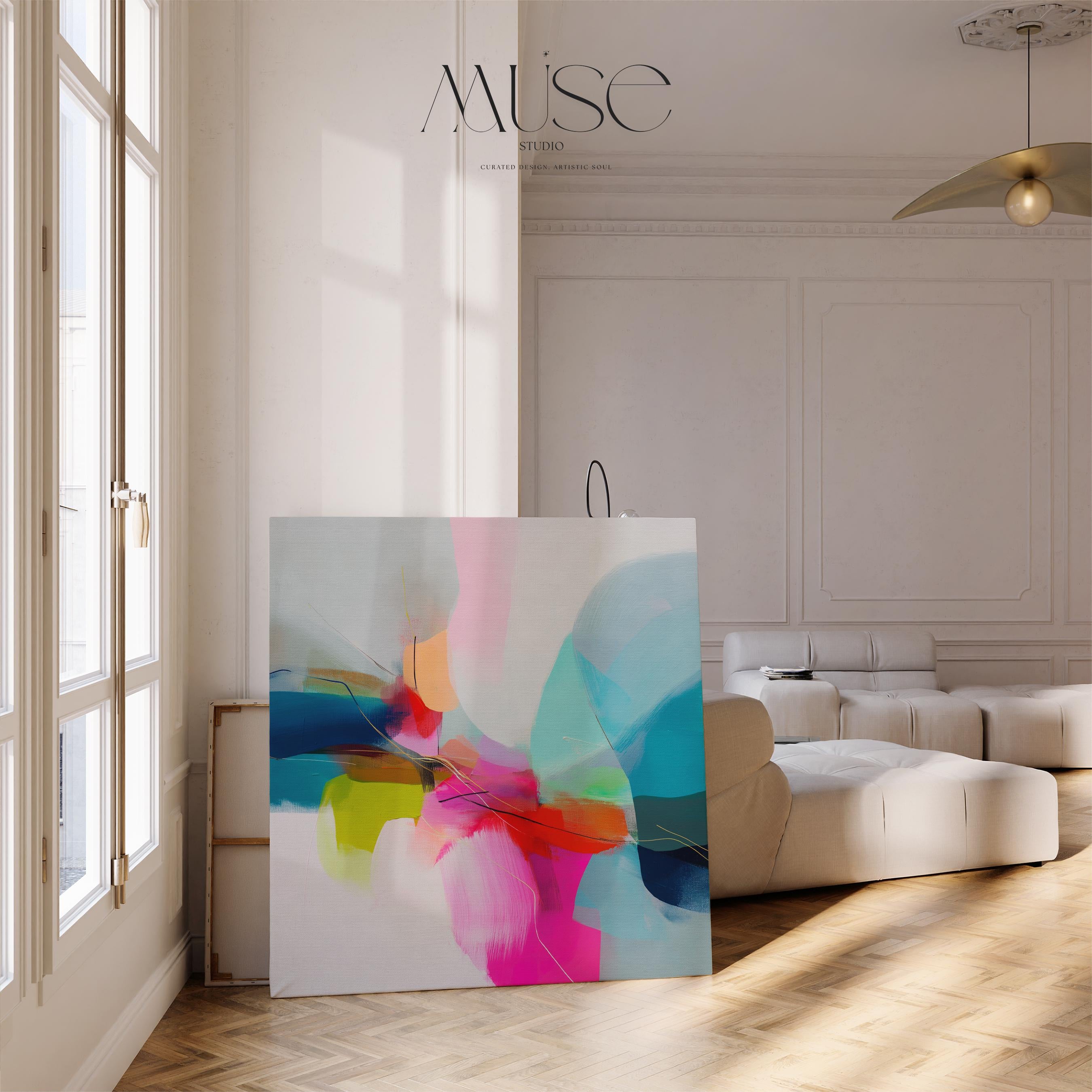 Large Colorful Abstract Canvas Art Pink Teal Orange Retro Glam Decor Statement Modern Wall Art for Living Room Dorm or Office 481