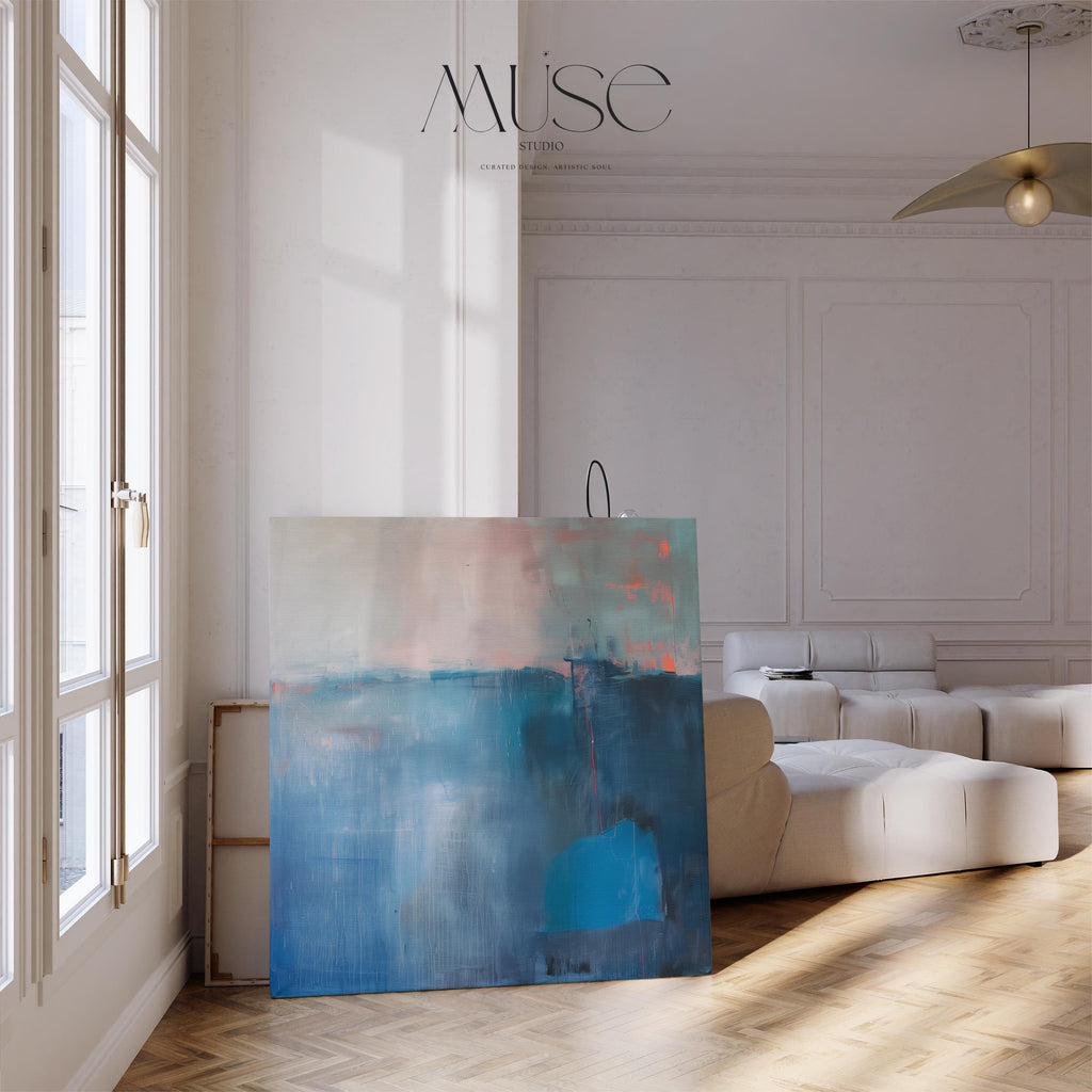 Oversized Canvas Wall Art Blue Abstract Painting with Taupe and Blush Neutral Modern Decor for Living Room Office Soft Minimalist Style 403