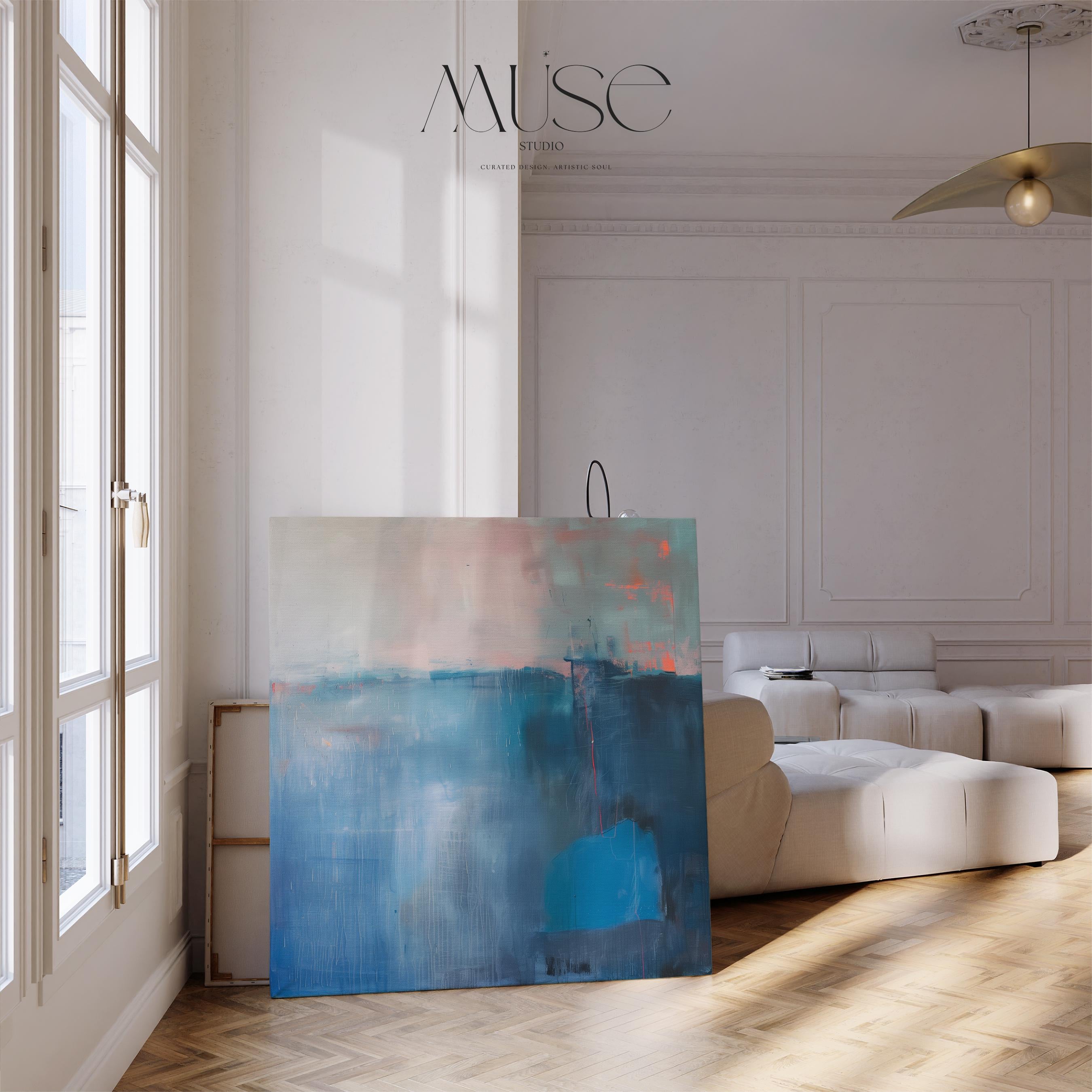 Oversized Canvas Wall Art Blue Abstract Painting with Taupe and Blush Neutral Modern Decor for Living Room Office Soft Minimalist Style 403