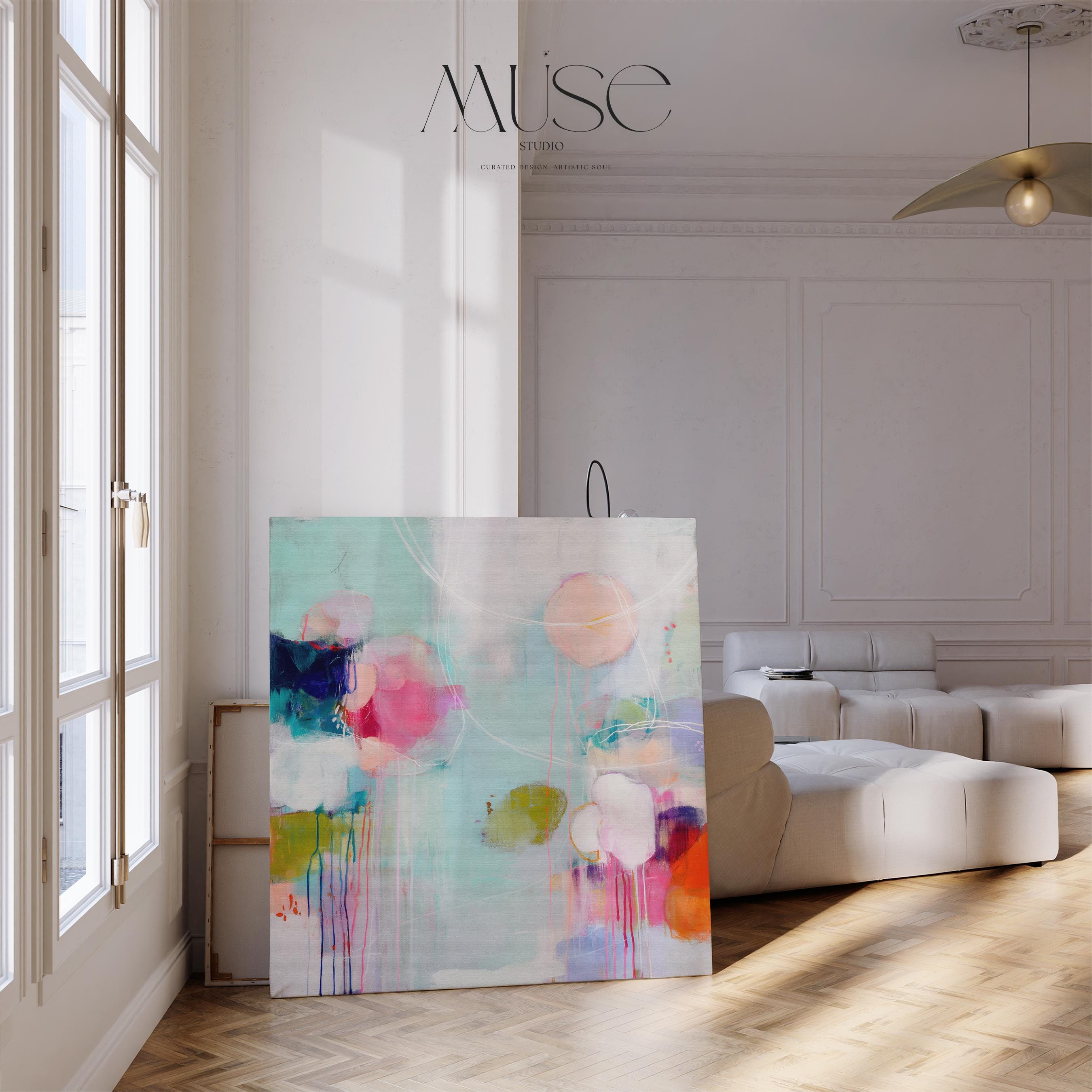 Large horizontal oversized abstract canvas wall art by Muse Studio featuring vibrant pink, aqua, and citrus tones, printed with museum-grade giclée inks on premium artist canvas and hand-stretched over solid wood bars for gallery-quality presentation in living room and office interiors.