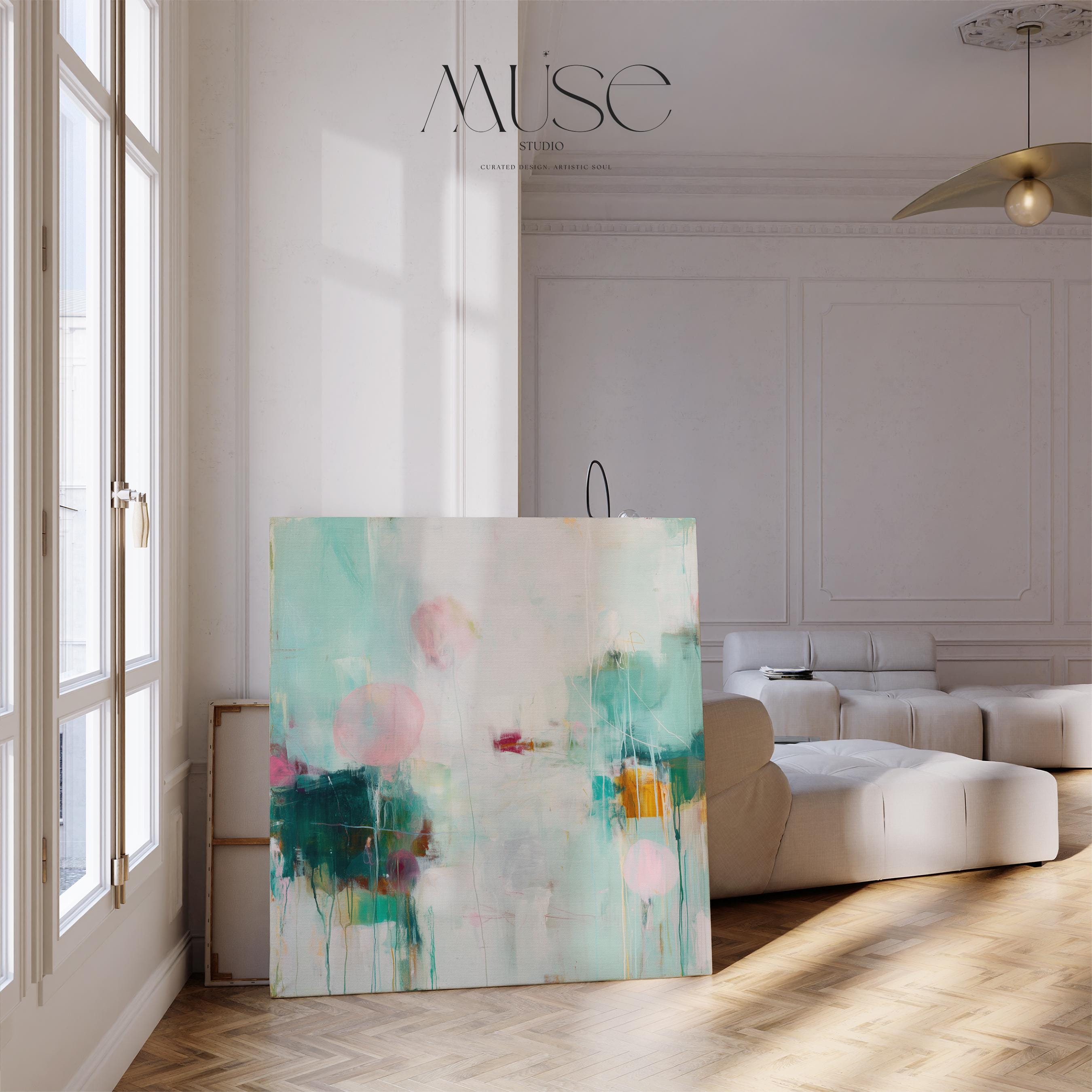 Large horizontal abstract canvas wall art by Muse Studio featuring hazy aqua, soft blush, and deep green tones, printed with museum-grade giclée inks on premium artist canvas and hand-stretched over solid wood bars for gallery-quality presentation in organic transitional interiors.