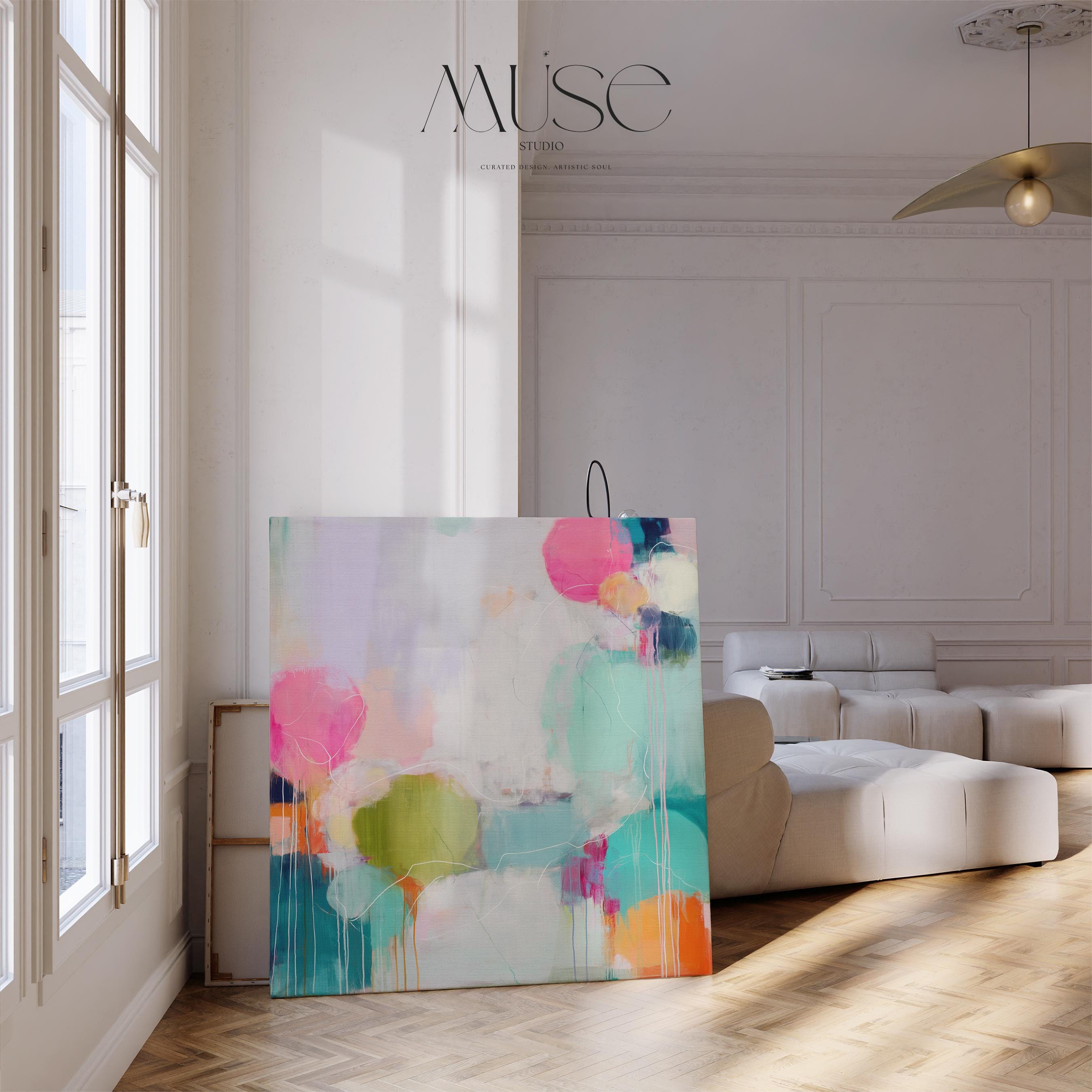 Large horizontal colorful abstract wall art print by Muse Studio featuring vibrant pink, aqua, and citrus tones, printed with archival giclée inks on premium watercolor-textured fine art paper for rich saturation and long-lasting color, ready for custom framing in creative boho and color pop interiors.