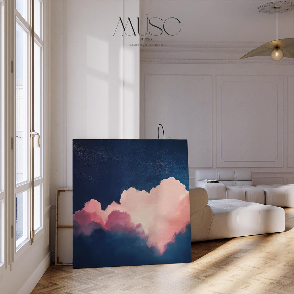Oversized Canvas Wall Art Abstract Cloud Painting in Pink and Navy Large Modern Decor for Living Room Soft Contemporary Statement 466 Stretched Canvas Art Large abstract wall decor on stretched canvas, gallery-wrapped and ready to hang. Perfect for colorful wall art in living rooms, office spaces, and design projects. Giclée canvas print with bold brushwork and vibrant modern style for impactful home decor. Muse Studio Decor Art.