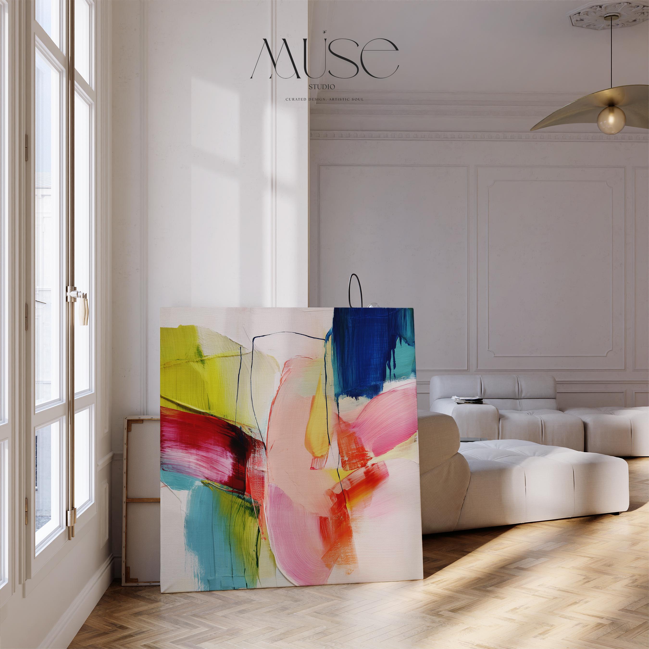 Oversized Canvas Wall Art Color Pop Abstract Painting Pink Blue Lime Modern Decor Art for Living Room Eclectic Dopamine Style 464 Stretched Canvas Art Large abstract wall decor on stretched canvas, gallery-wrapped and ready to hang. Perfect for colorful wall art in living rooms, office spaces, and design projects. Giclée canvas print with bold brushwork and vibrant modern style for impactful home decor. Muse Studio Decor Art.