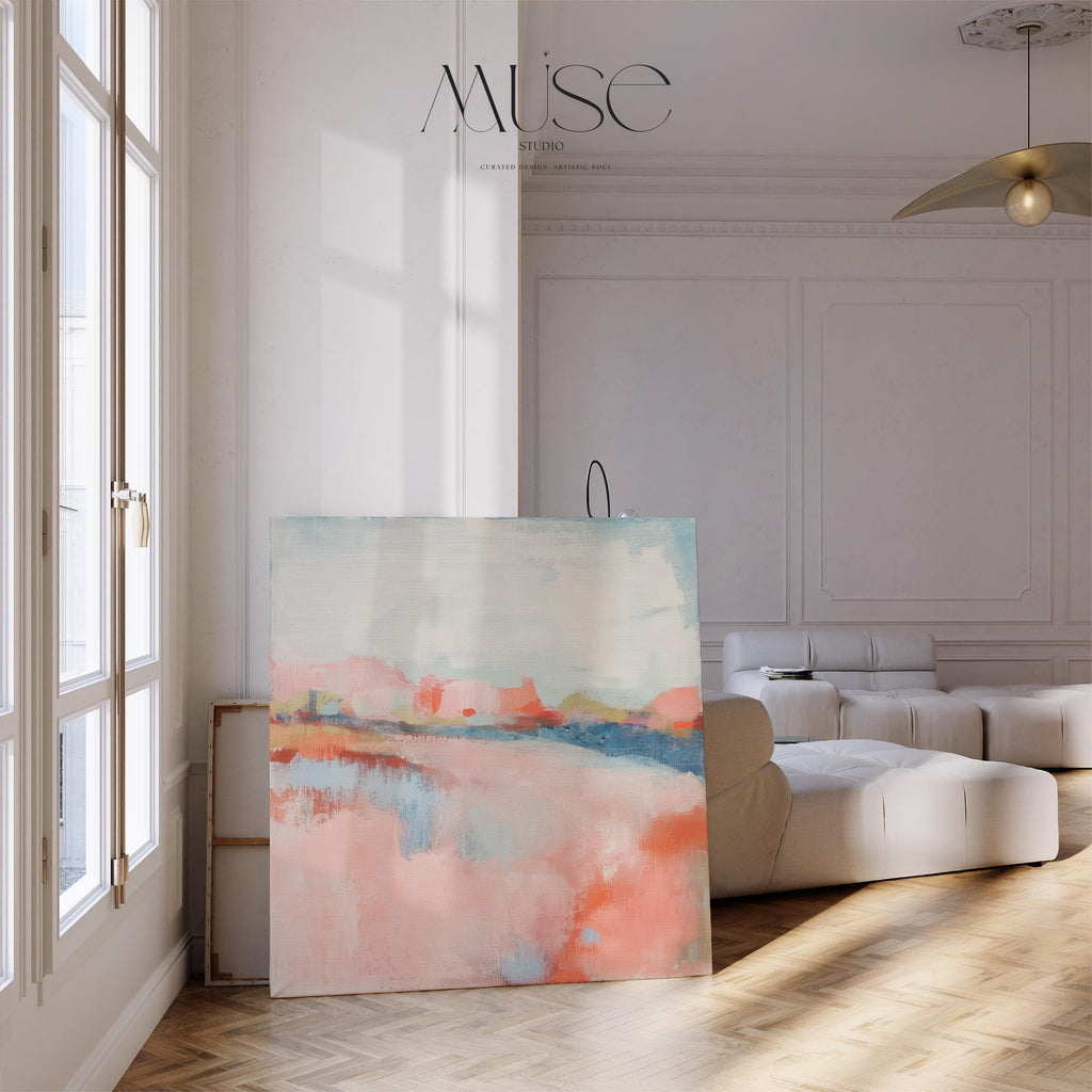 Soft Bright Abstract Canvas Art Coral Blush Blue Square Painting Pastel Botanicals Modern Decor for Bedroom Living Room Accent 384 Stretched Canvas Art Large abstract wall decor on stretched canvas, gallery-wrapped and ready to hang. Perfect for colorful wall art in living rooms, office spaces, and design projects. Giclée canvas print with bold brushwork and vibrant modern style for impactful home decor. Muse Studio Decor Art.