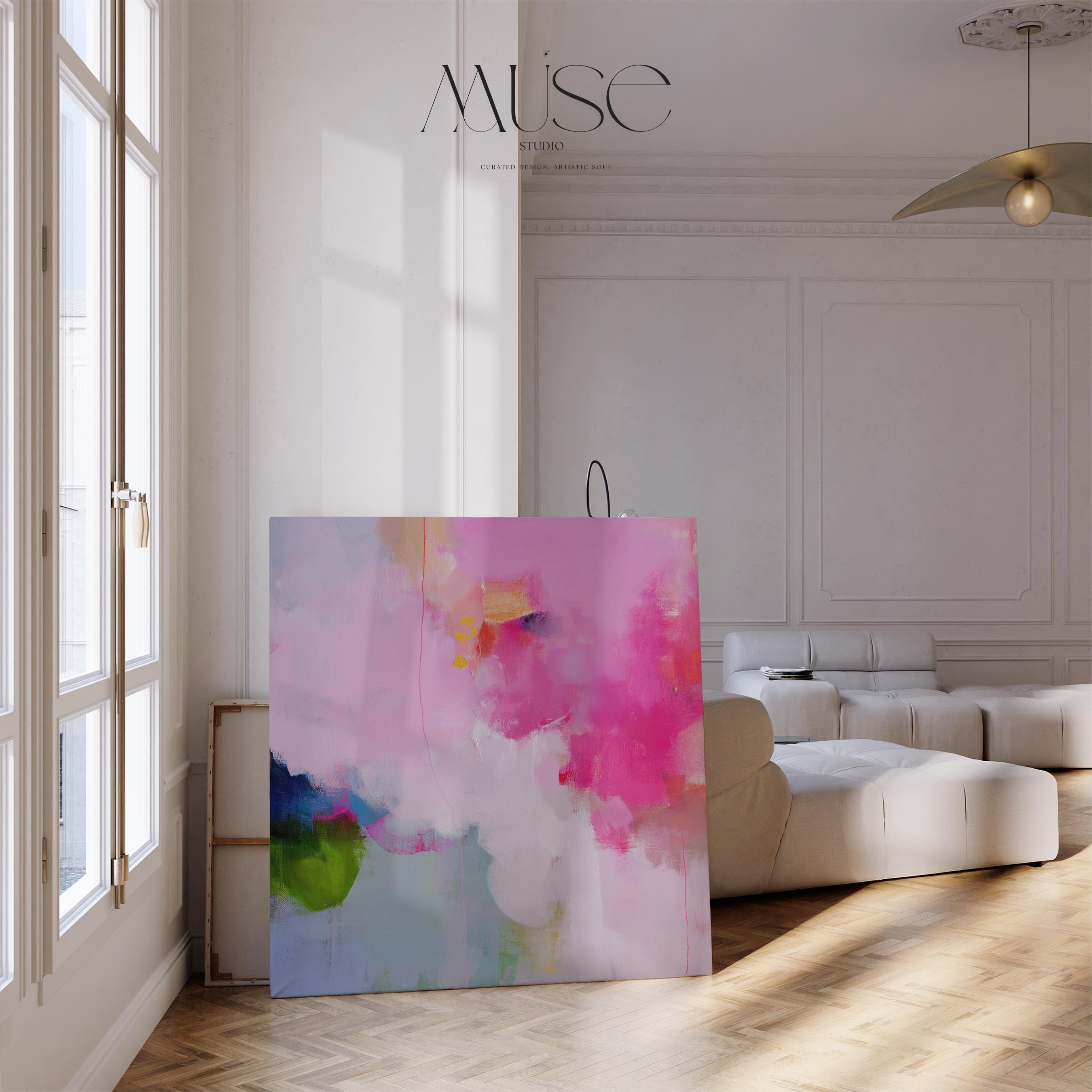 Oversized Canvas Wall Art Soft Pink and Green Abstract Colorful Square Statement Art for Living Room or Nursery, Preppy Boho Pop Decor 424 Stretched Canvas Art Large abstract wall decor on stretched canvas, gallery-wrapped and ready to hang. Perfect for colorful wall art in living rooms, office spaces, and design projects. Giclée canvas print with bold brushwork and vibrant modern style for impactful home decor. Muse Studio Decor Art.