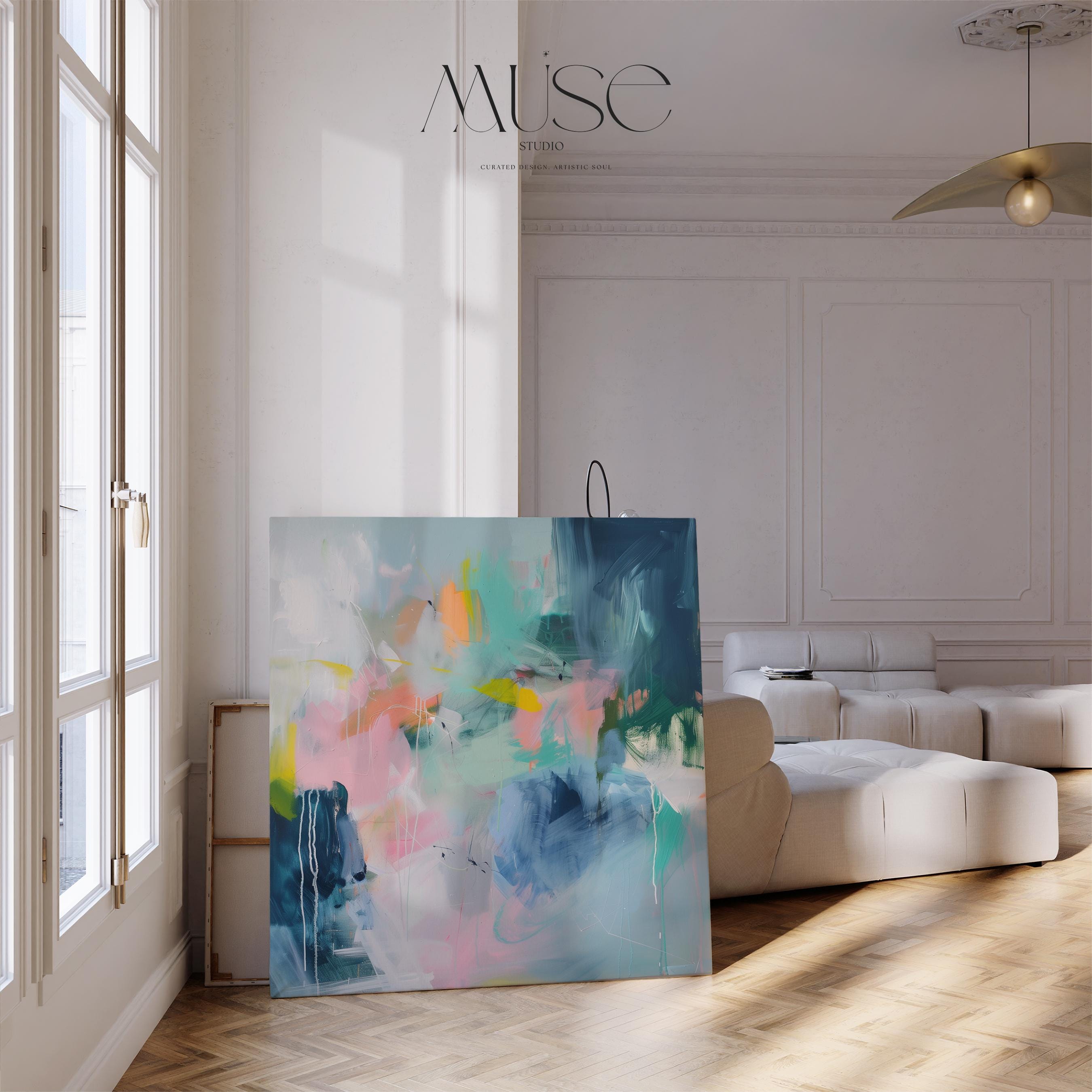 Square abstract wall art featuring bold pink, blue, and green brushstrokes. Modern boho statement canvas styled for a living room. Available as gallery-wrapped canvas, framed canvas, or fine art poster print.