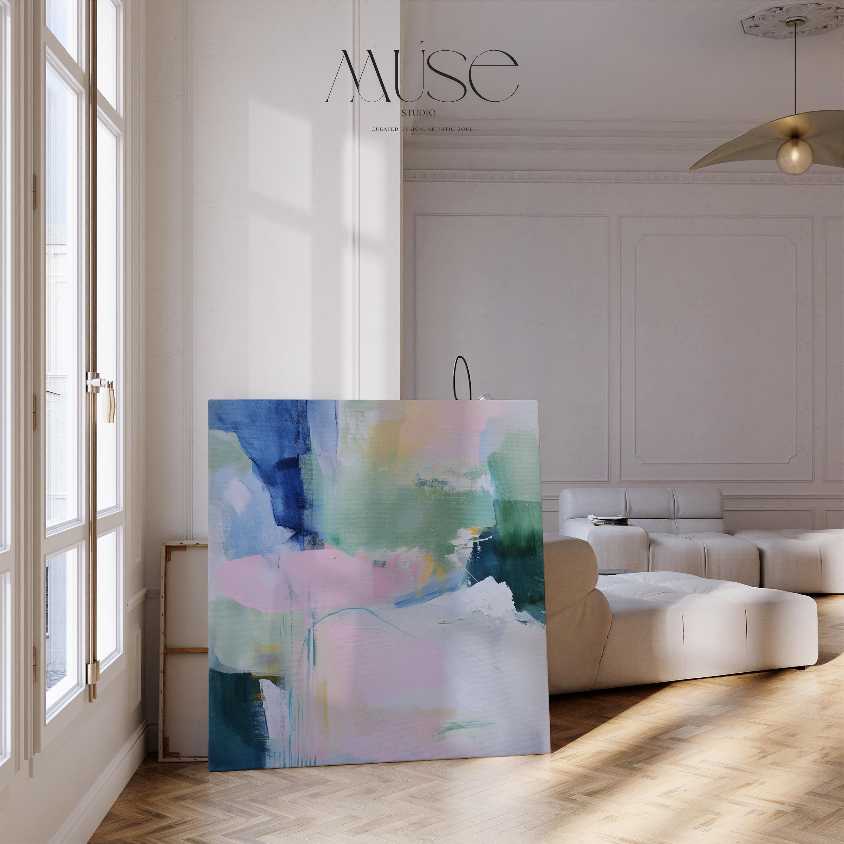 Square canvas wall art featuring soft green and lavender brushstrokes with pastel abstract layers. A serene and modern piece styled for contemporary interiors. Perfect as large wall art for living rooms, bedrooms, or above the bed. Available as gallery-wrapped canvas or floating framed canvas in FSC-certified wood.