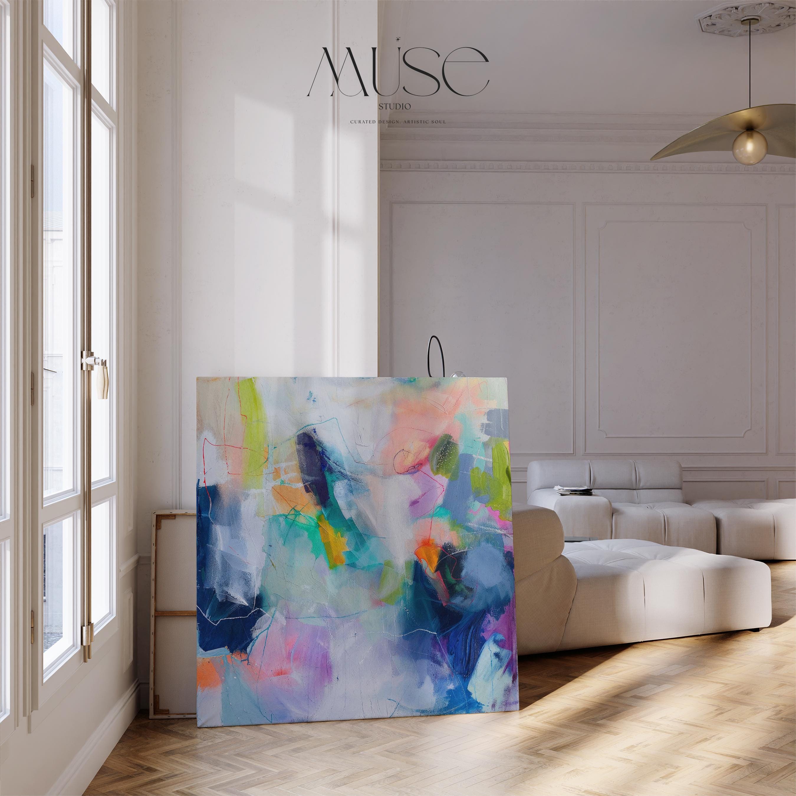 Square abstract wall art in a vibrant palette of navy, teal, blush pink, lime green, and citrus orange. Painted in a bold, expressive style that blends boho and preppy decor trends. Perfect as oversized canvas or framed wall decor for living rooms, bedrooms, or office spaces. Available as canvas, framed canvas, or fine art poster print.