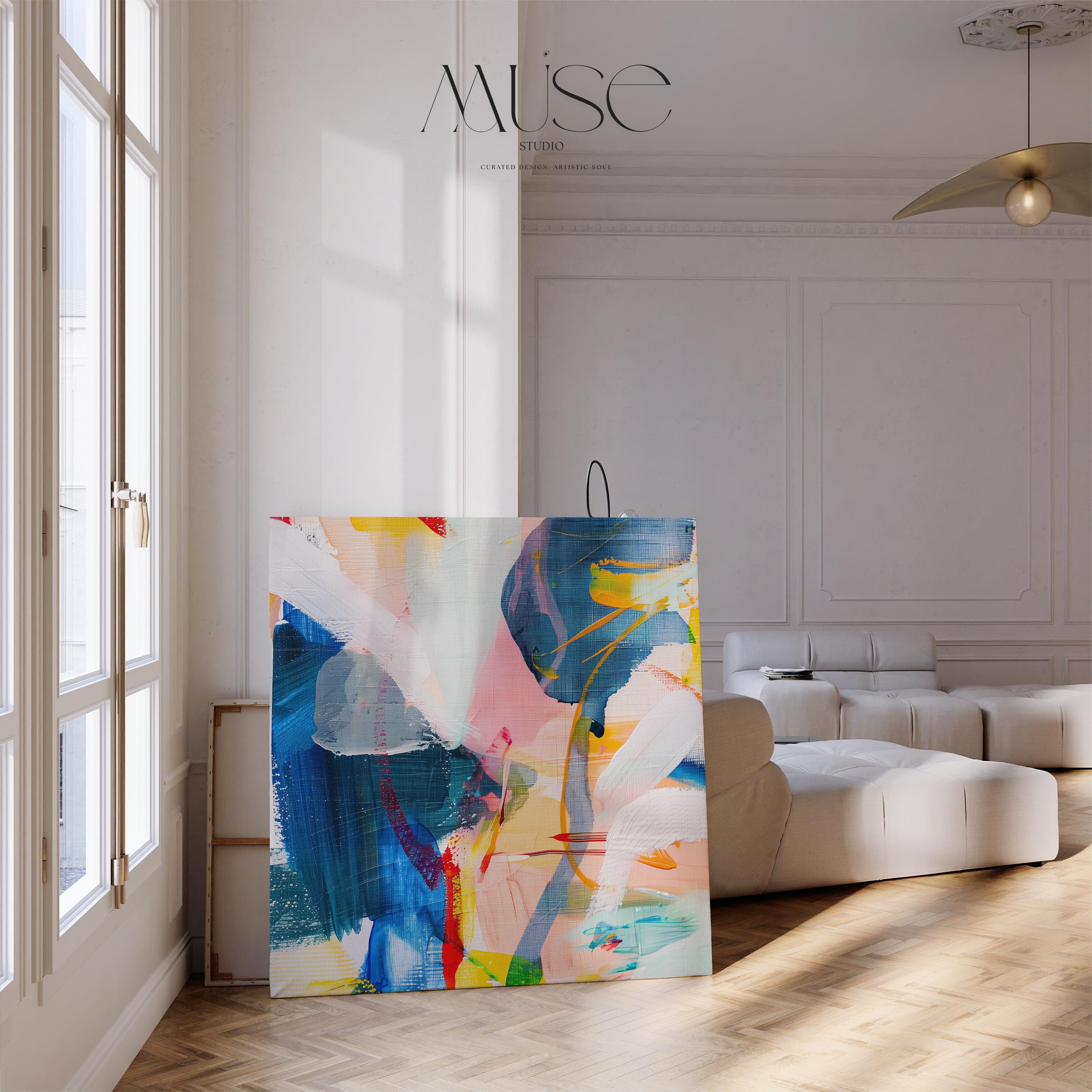 Muse Studio large abstract wall art canvas featuring a colorful contemporary composition in teal, pink, yellow, black, and neutral tones. This square giclée canvas print adds modern color pop style to office wall decor, living room styling, creative studio spaces, and oversized abstract art displays.