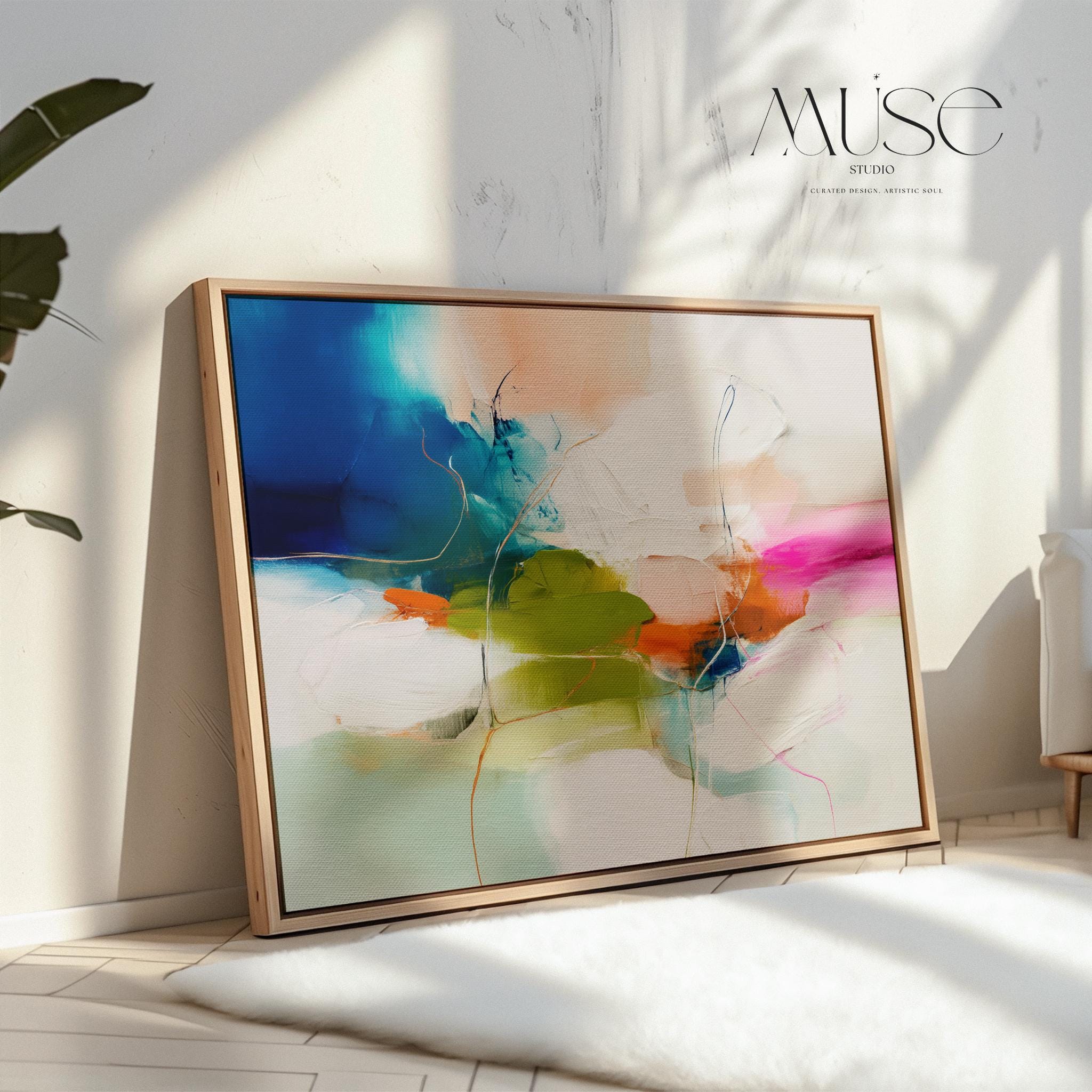 Large Abstract Canvas Wall Art in Blue, Green, and Pink, Framed Colorful Contemporary Painting for Living Room, Statement Art 452