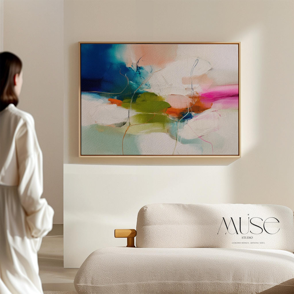 Large Abstract Canvas Wall Art in Blue, Green, and Pink, Framed Colorful Contemporary Painting for Living Room, Statement Art 452 Framed Canvas Art Colorful abstract wall art on framed canvas, perfect for bold decor art and modern wall decor. Large statement piece with expressive brushstrokes and rich textures. Ready-to-hang giclée canvas designed to energize living rooms, offices, and curated interiors. Muse Studio Decor Art.