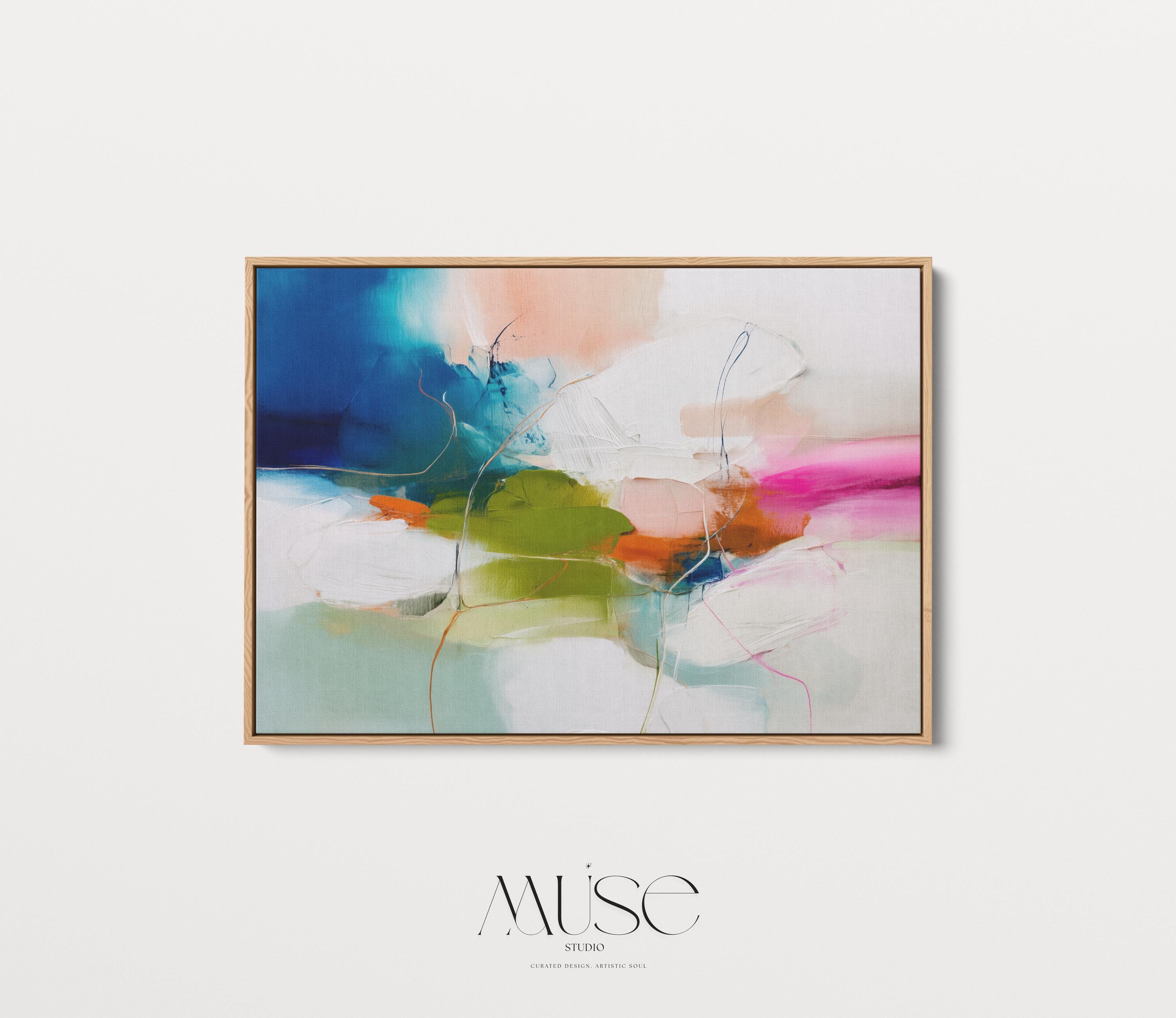 Large Abstract Canvas Wall Art in Blue, Green, and Pink, Framed Colorful Contemporary Painting for Living Room, Statement Art 452
