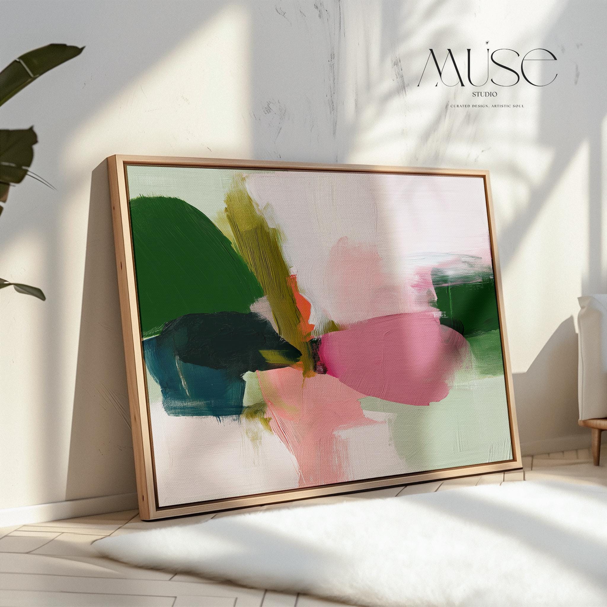 Large Abstract Canvas Art Green Pink White Bold Color Pop Framed Painting Dopamine Decor Modern Home Living Room Bedroom Accent 430