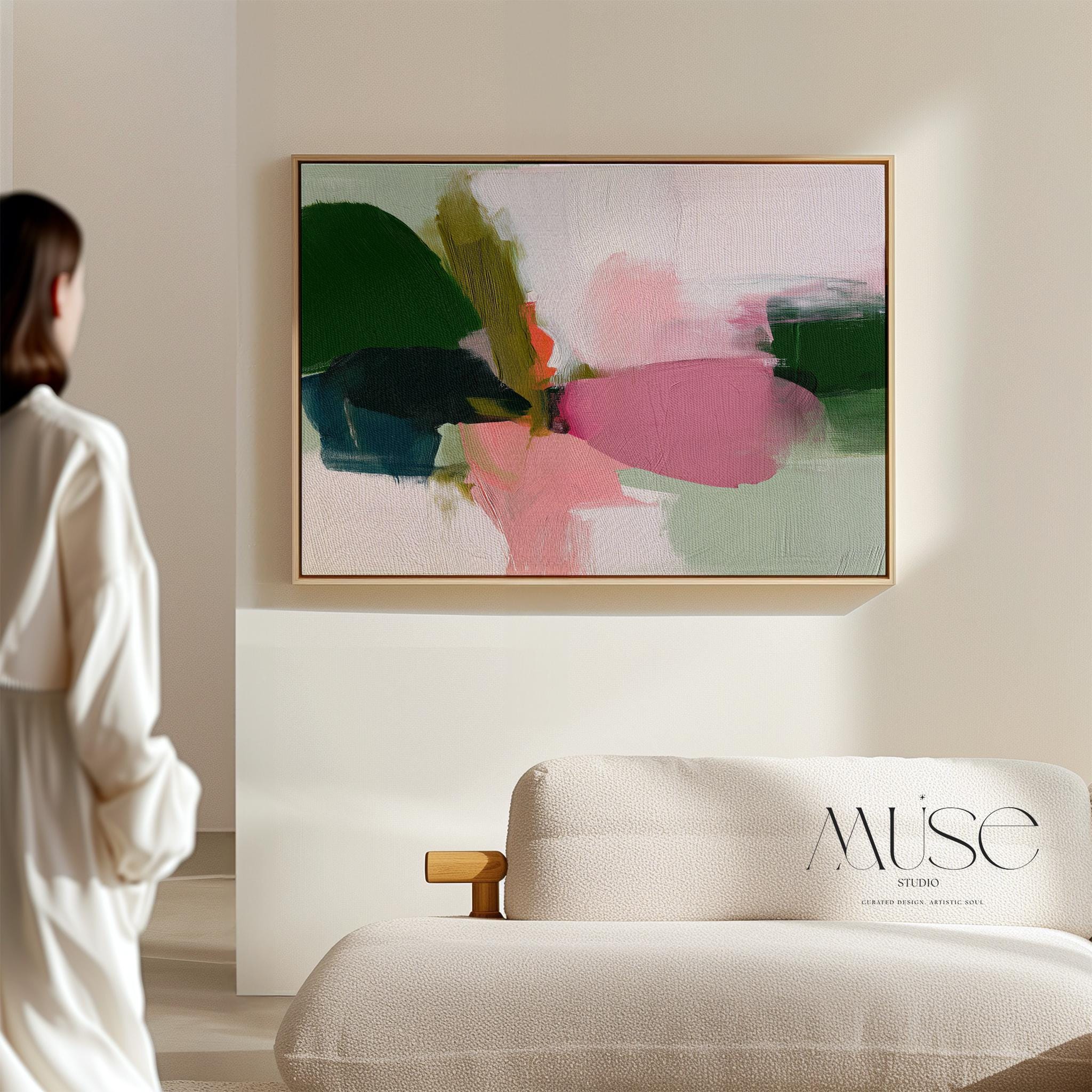 Large Abstract Canvas Art Green Pink White Bold Color Pop Framed Painting Dopamine Decor Modern Home Living Room Bedroom Accent 430