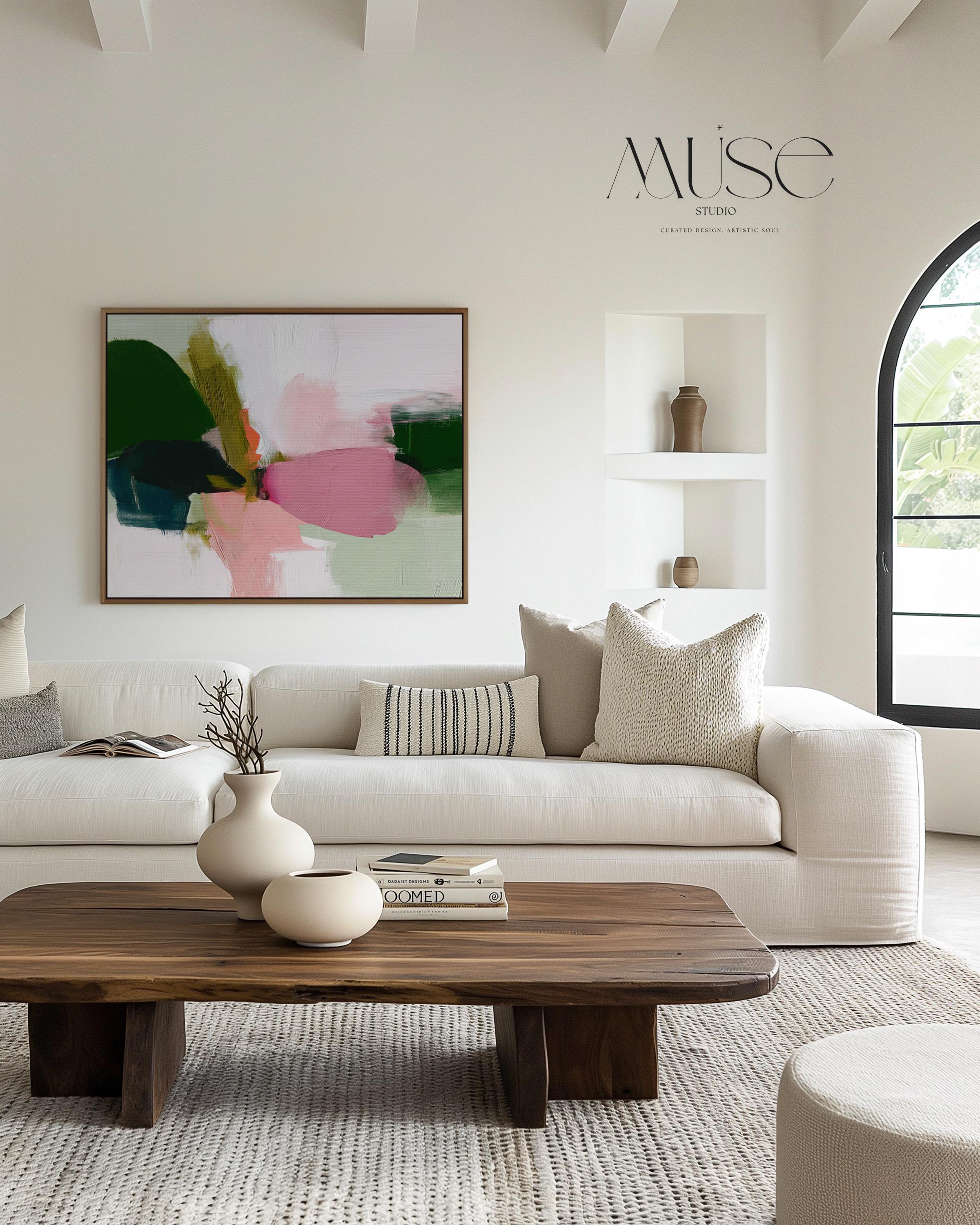 Large Abstract Canvas Art Green Pink White Bold Color Pop Framed Painting Dopamine Decor Modern Home Living Room Bedroom Accent 430