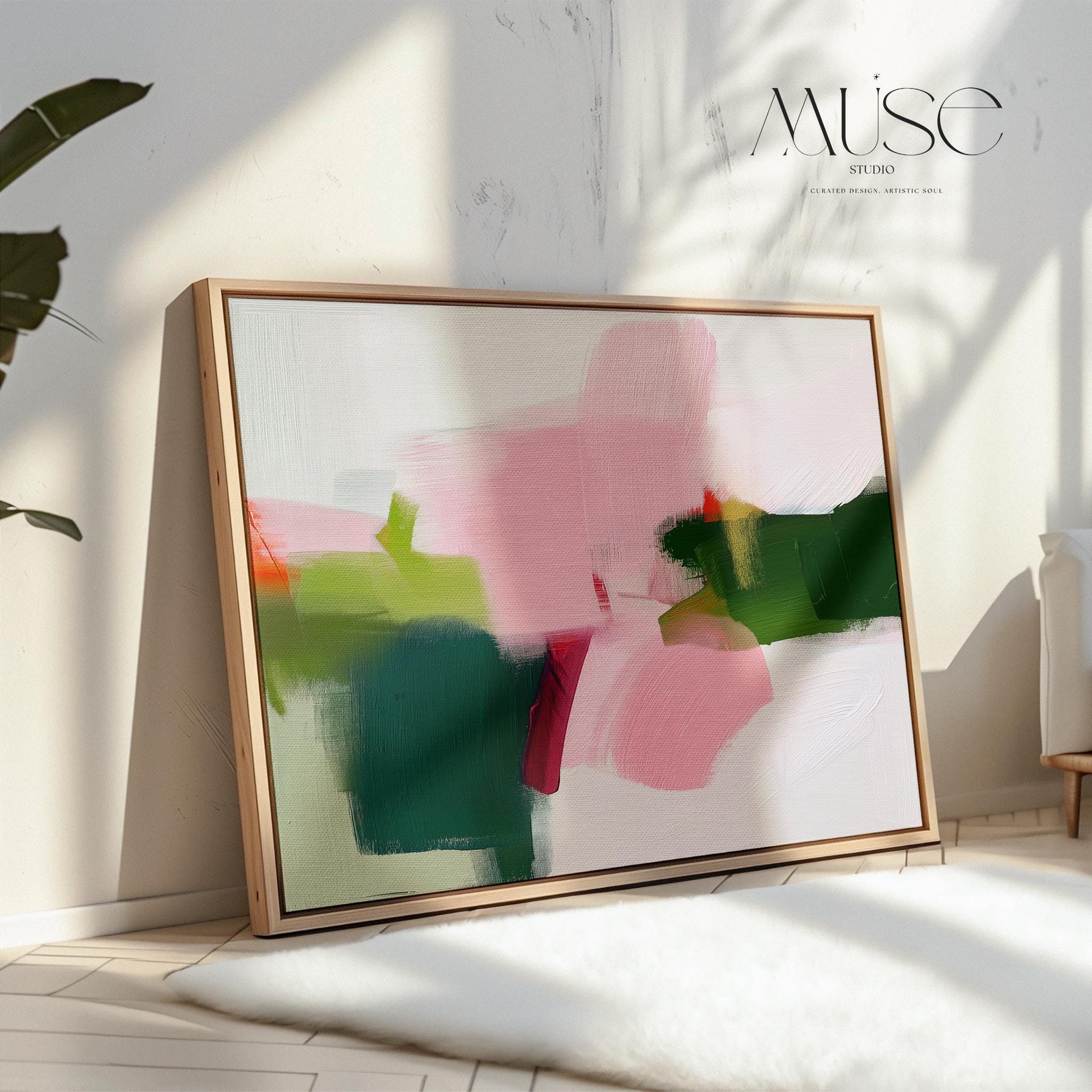 Large Abstract Canvas Art Pink Green Minimalist Color Pop Framed Painting Warm Minimalism Modern Home Living Room Decor Accent 431