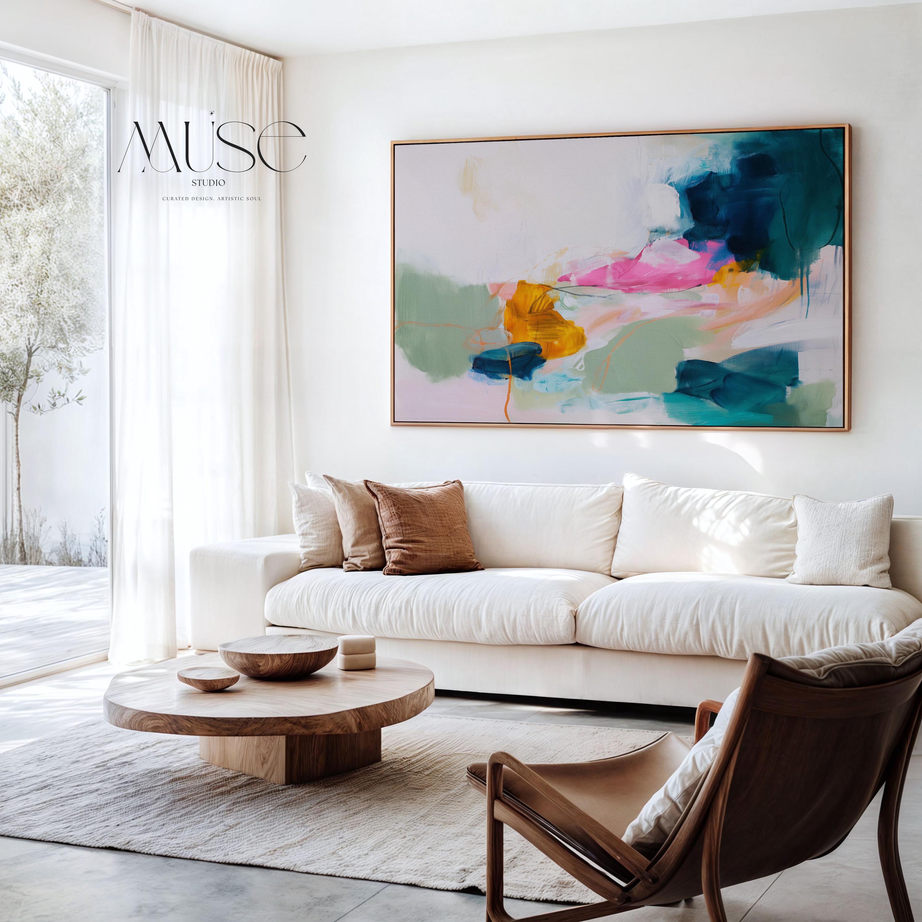 Large Color Pop Canvas Art Pink Green Teal Abstract Painting Dopamine Decor Framed Modern Wall Art for Living Room Bedroom 453