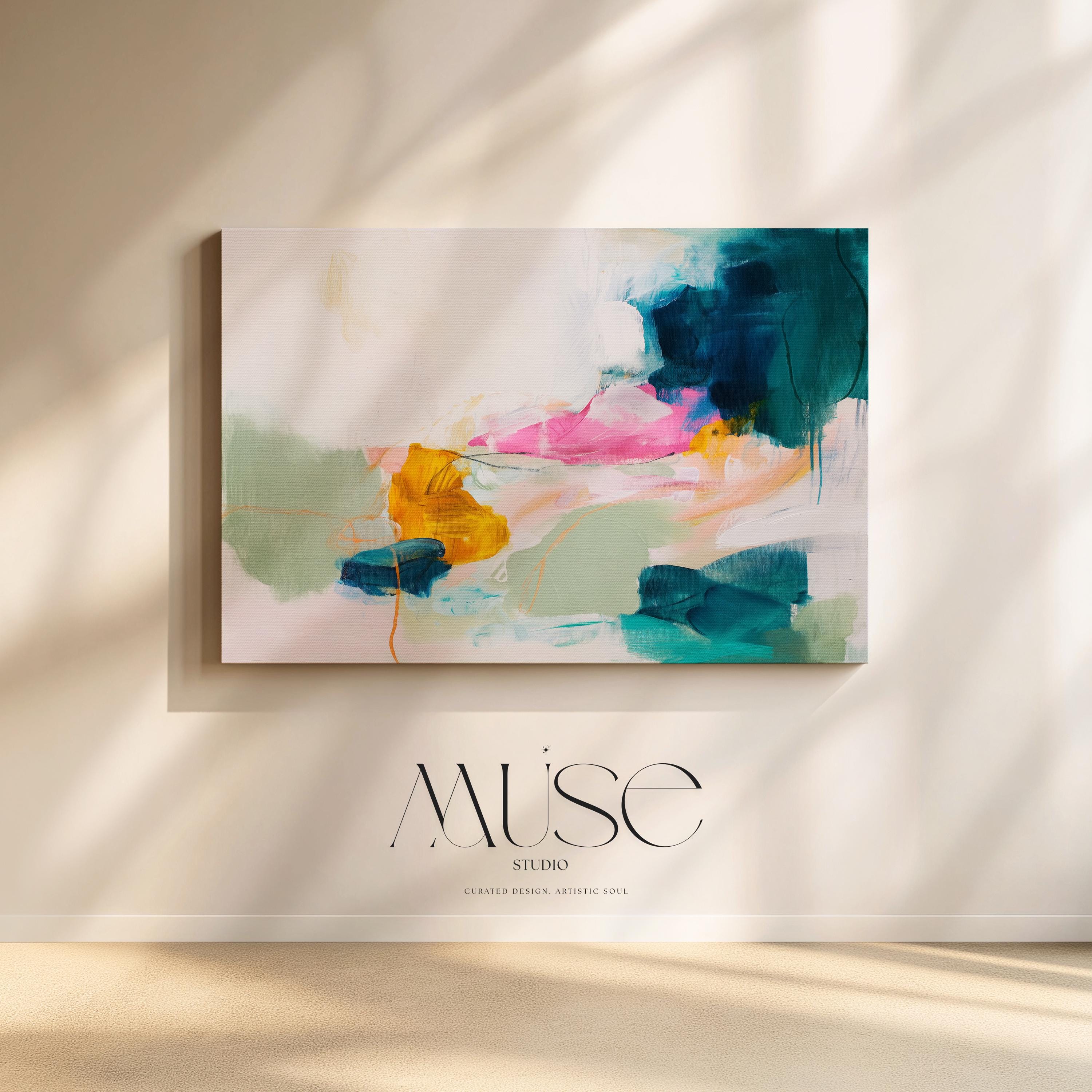 Muse Studio Tide Sonata 1091 coastal seascape wall art featuring deep teal, aqua, blush pink, ochre, and soft sage green abstract brushwork on premium gallery-wrapped canvas, printed with museum-grade giclée inks for a painterly ocean-inspired canvas wall art piece suited to modern coastal, colorful contemporary, and curated living room interiors.