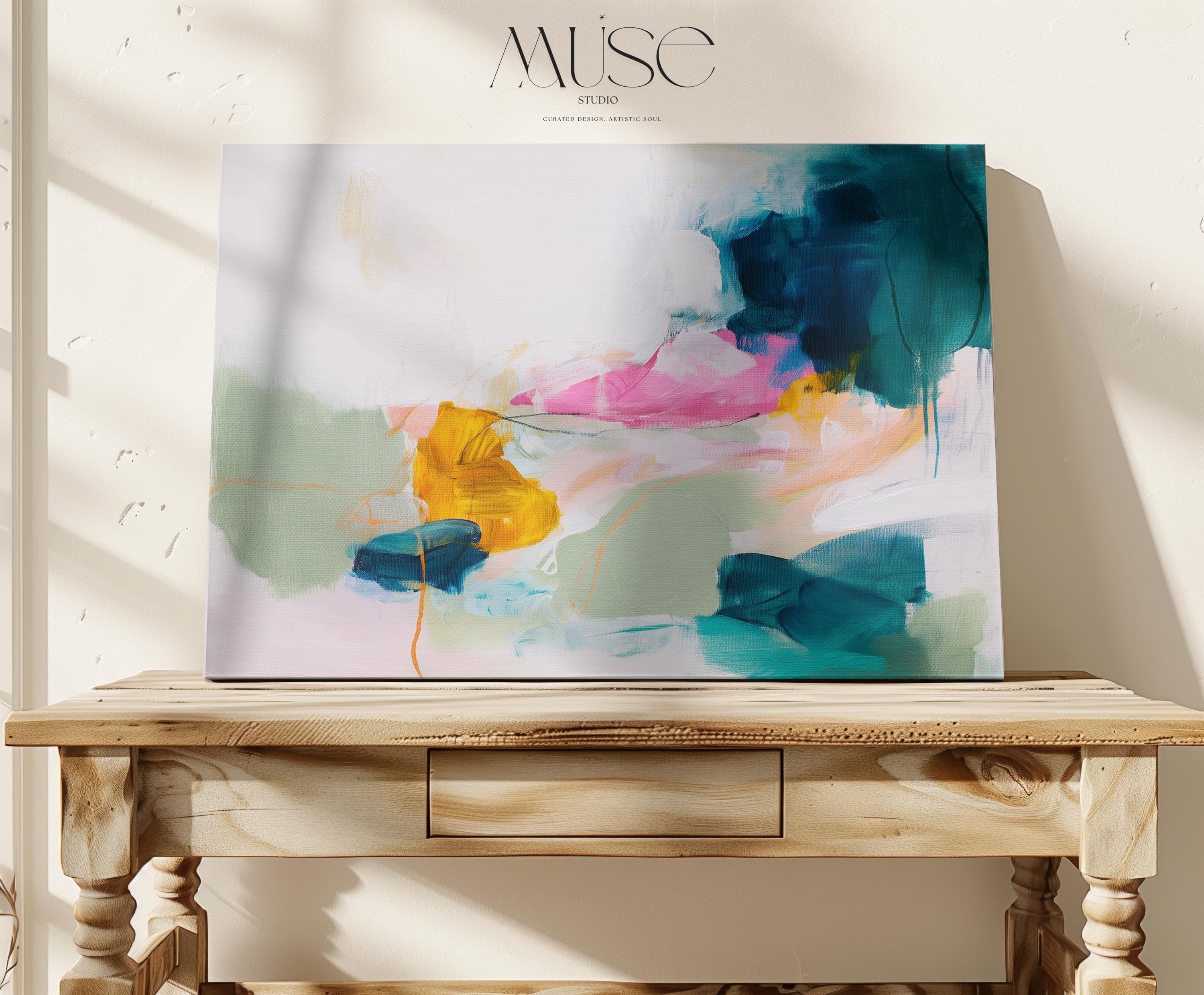 Muse Studio Tide Sonata 1091 coastal seascape wall art featuring deep teal, aqua, blush pink, ochre, and soft sage green abstract brushwork on premium gallery-wrapped canvas, printed with museum-grade giclée inks for a painterly ocean-inspired canvas wall art piece suited to modern coastal, colorful contemporary, and curated living room interiors.