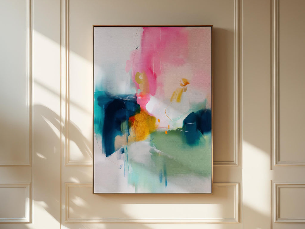 Large Vertical Canvas Wall Art in Pink and Teal, Framed Abstract Painting for Living Room or Office, Soft Modern Pastel Decor 455 Framed Canvas Art Colorful abstract wall art on framed canvas, perfect for bold decor art and modern wall decor. Large statement piece with expressive brushstrokes and rich textures. Ready-to-hang giclée canvas designed to energize living rooms, offices, and curated interiors. Muse Studio Decor Art.