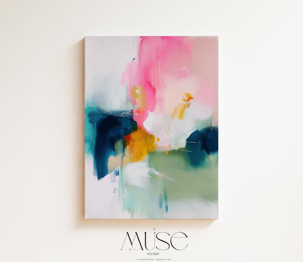 Framed Vertical Canvas Wall Art in Pink and Teal, Warm Minimal Abstract Painting for Living Room or Office, Soft Modern Pastel Decor 455