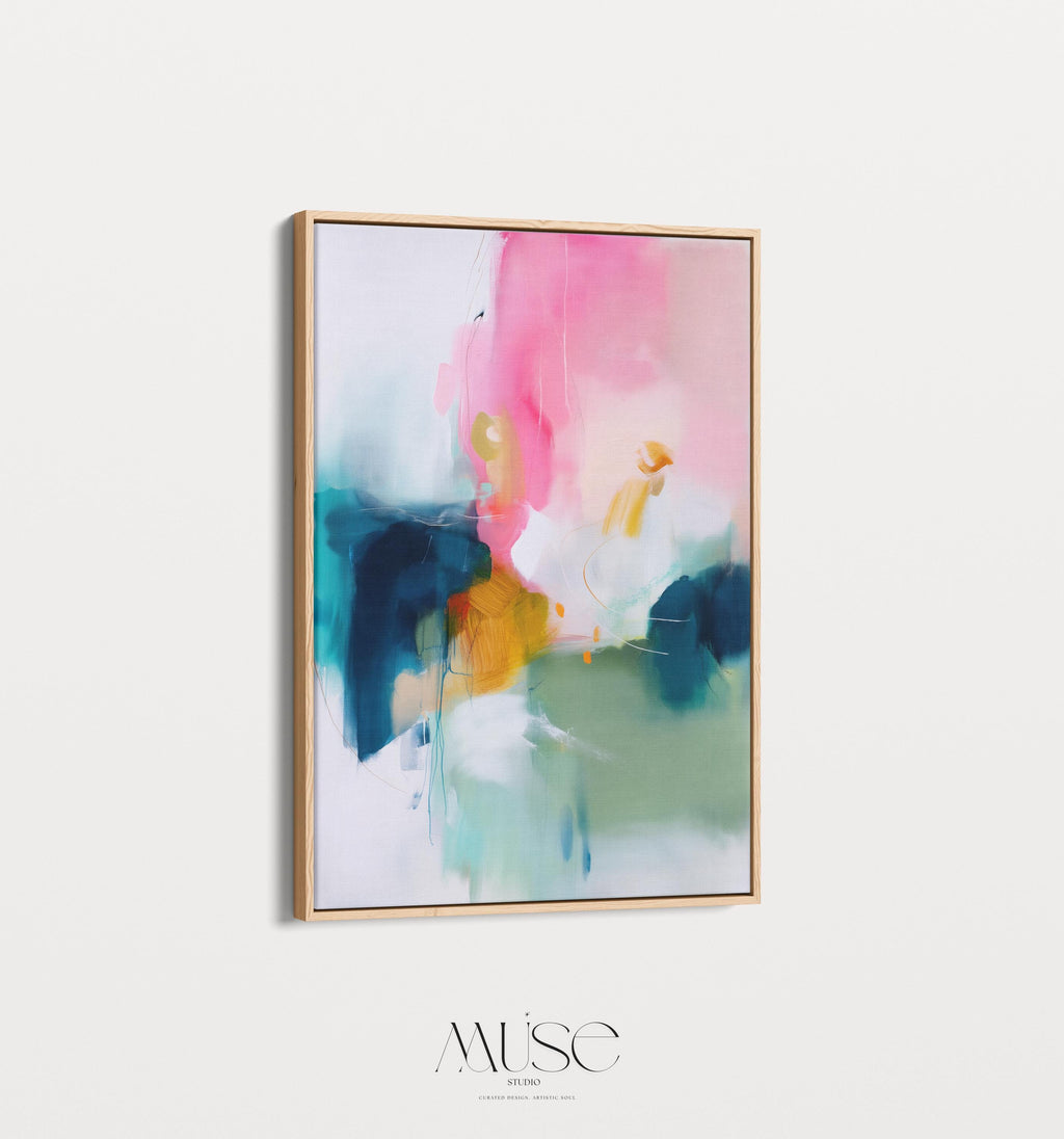 Large Vertical Canvas Wall Art in Pink and Teal, Framed Abstract Painting for Living Room or Office, Soft Modern Pastel Decor 455 Framed Canvas Art Colorful abstract wall art on framed canvas, perfect for bold decor art and modern wall decor. Large statement piece with expressive brushstrokes and rich textures. Ready-to-hang giclée canvas designed to energize living rooms, offices, and curated interiors. Muse Studio Decor Art.