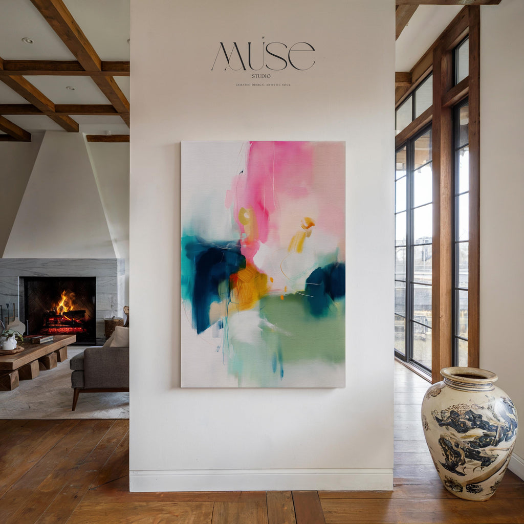 Large Vertical Canvas Wall Art in Pink and Teal, Minimal Abstract Painting for Hallway or Office, Soft Modern Pastel Decor 455