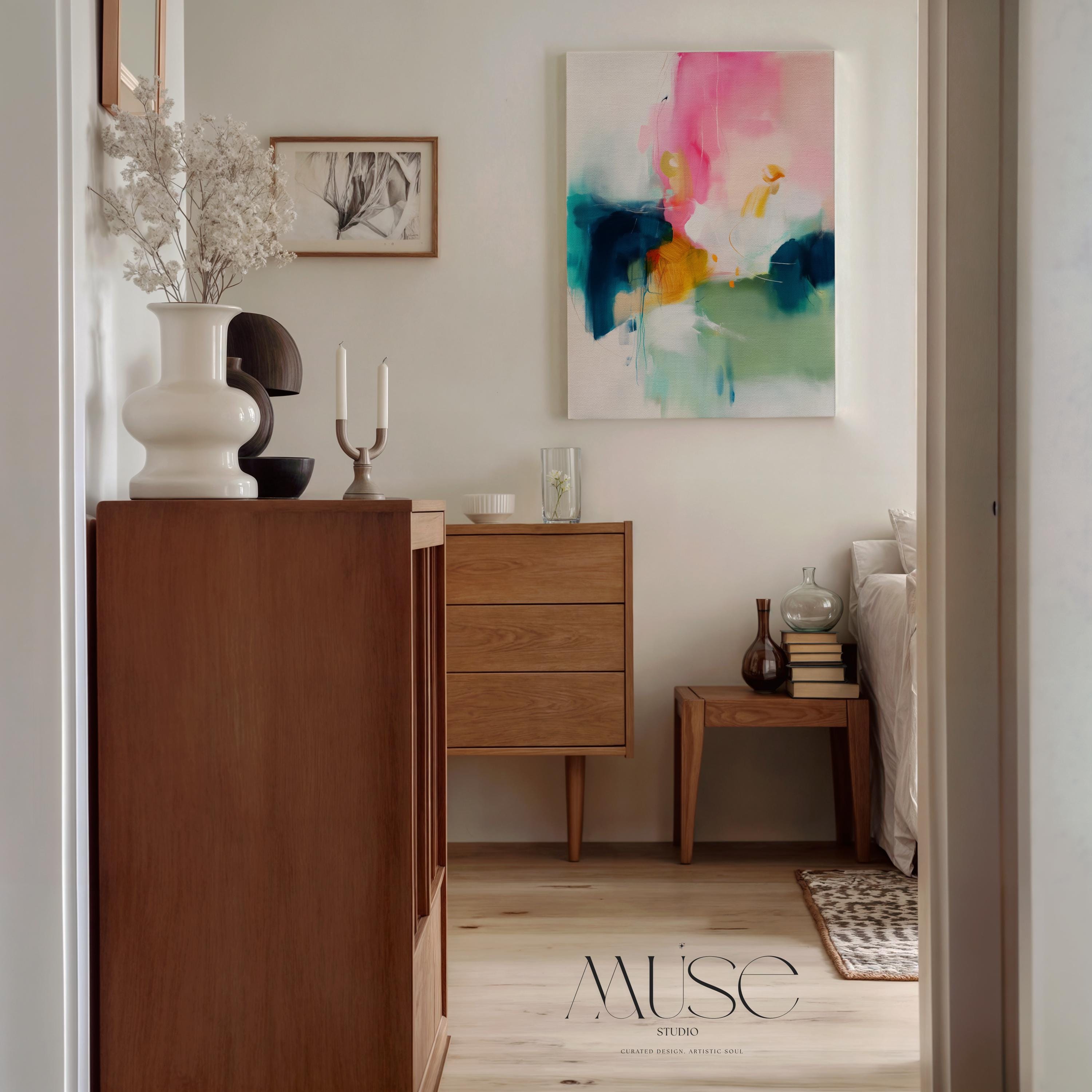 Large Vertical Canvas Wall Art in Pink and Teal, Minimal Abstract Painting for Hallway or Office, Soft Modern Pastel Decor 455