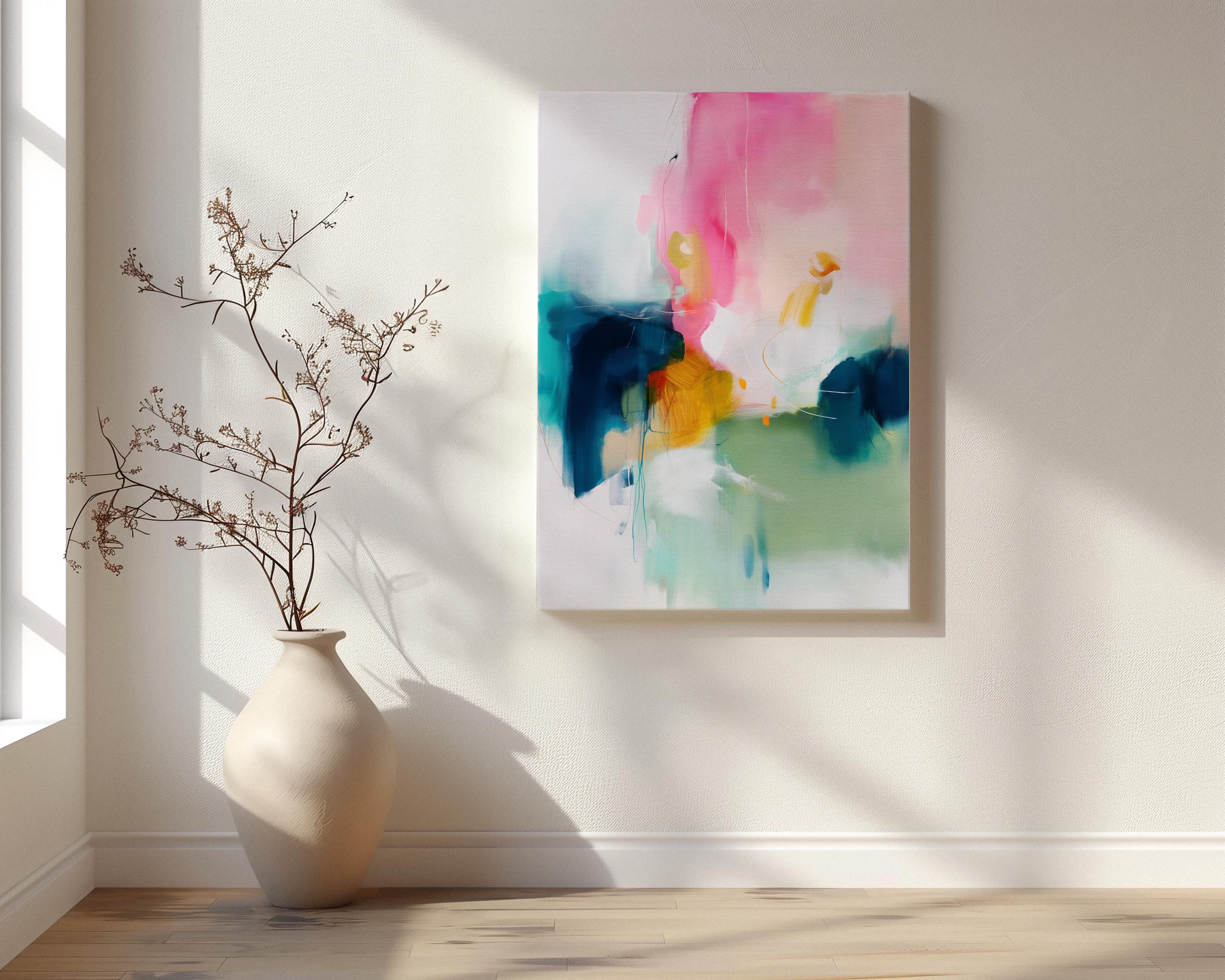 Large Vertical Canvas Wall Art in Pink and Teal, Minimal Abstract Painting for Hallway or Office, Soft Modern Pastel Decor 455