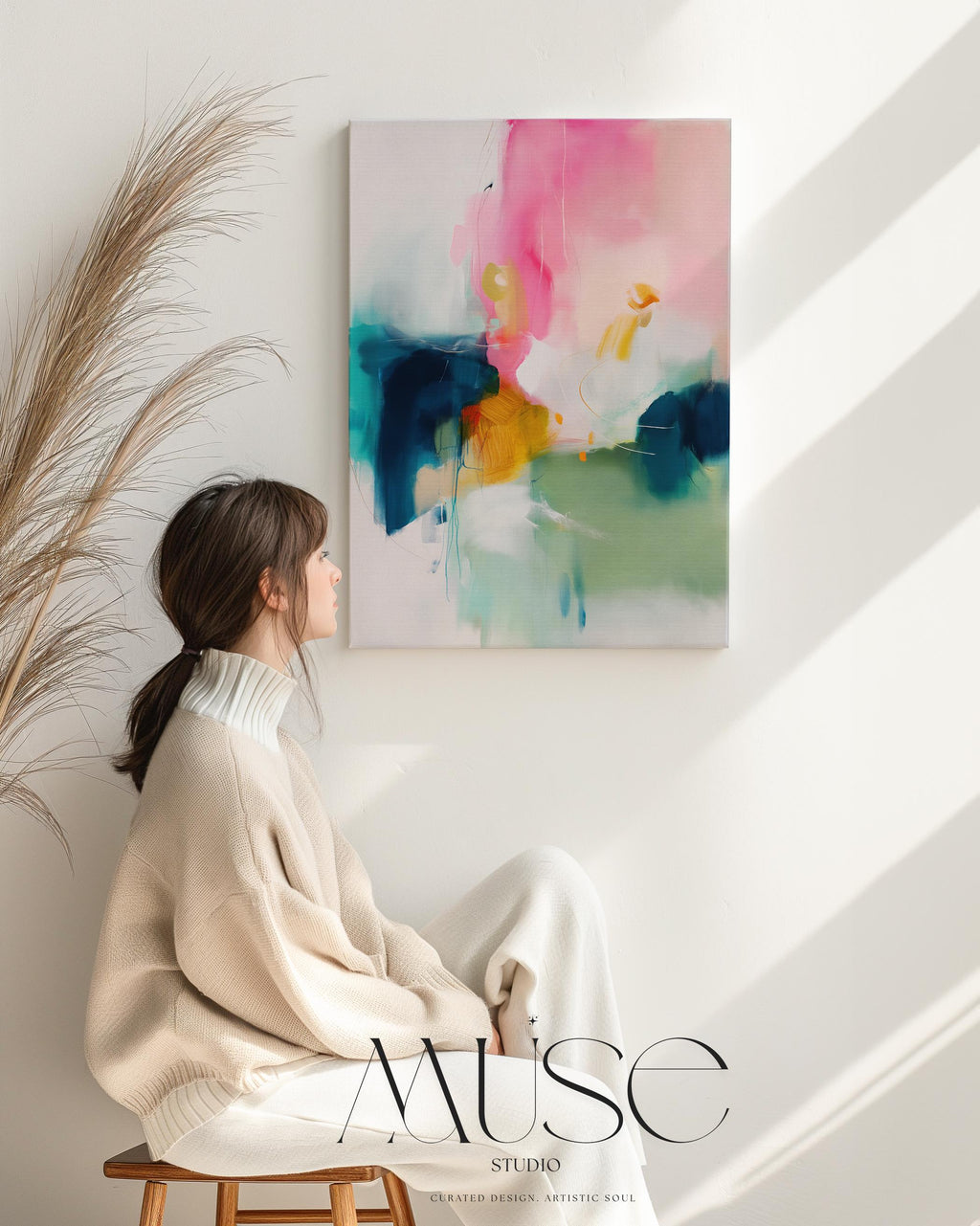 Large Vertical Canvas Wall Art in Pink and Teal, Minimal Abstract Painting for Hallway or Office, Soft Modern Pastel Decor 455