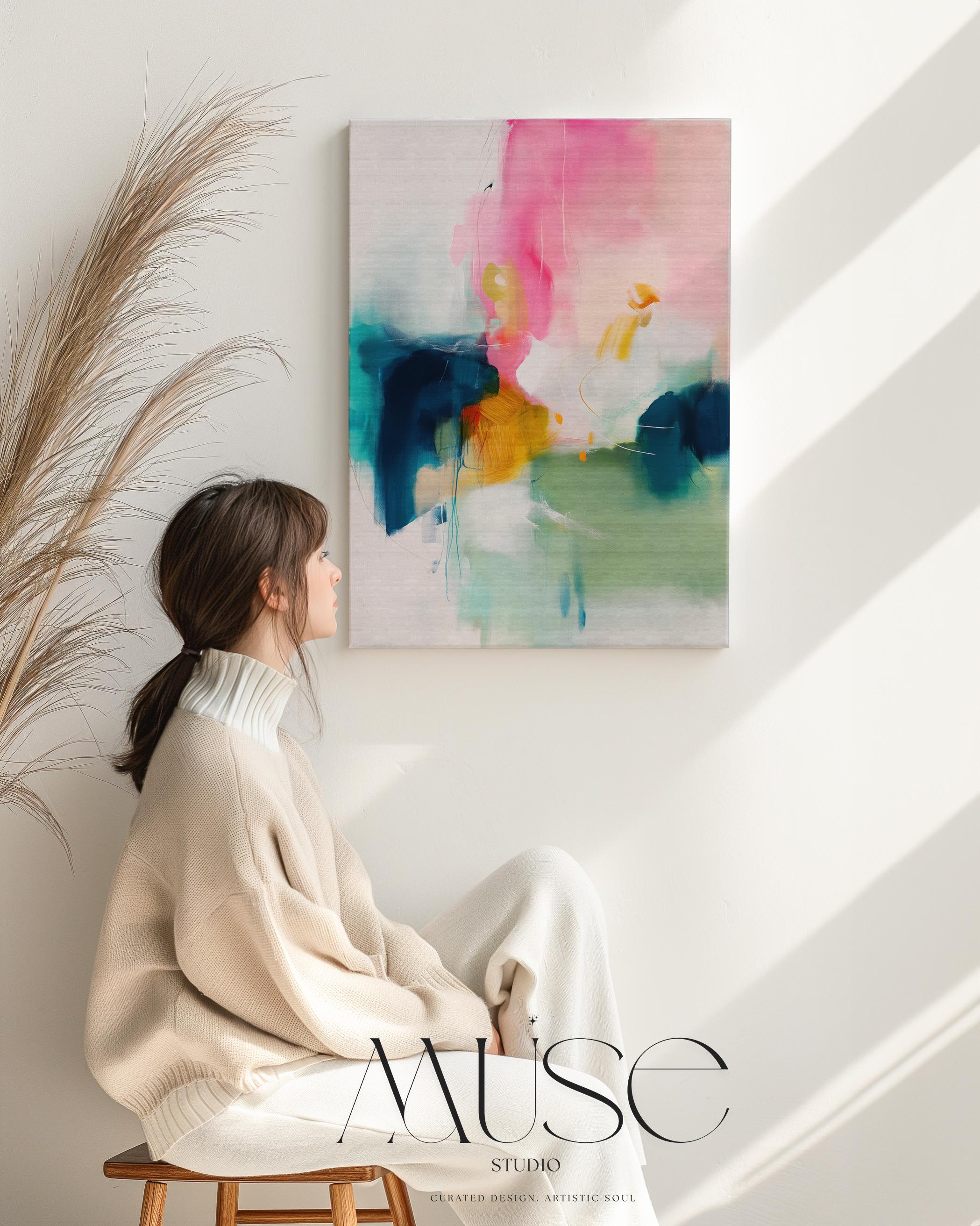 Large Vertical Canvas Wall Art in Pink and Teal, Minimal Abstract Painting for Hallway or Office, Soft Modern Pastel Decor 455