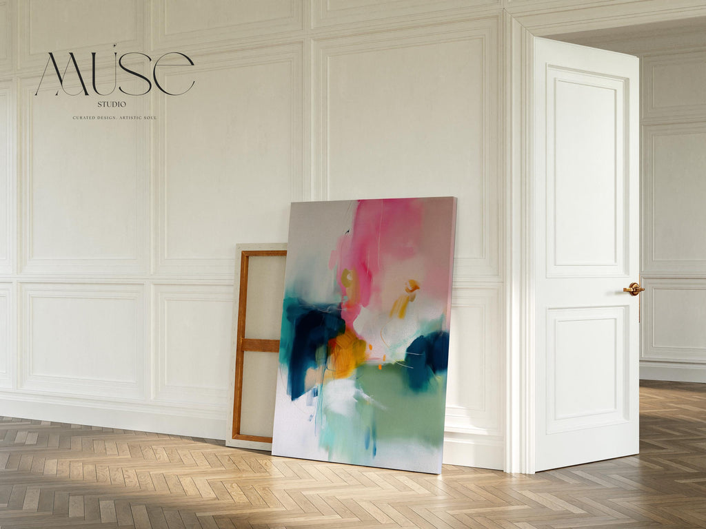 Large Vertical Canvas Wall Art in Pink and Teal, Minimal Abstract Painting for Hallway or Office, Soft Modern Pastel Decor 455