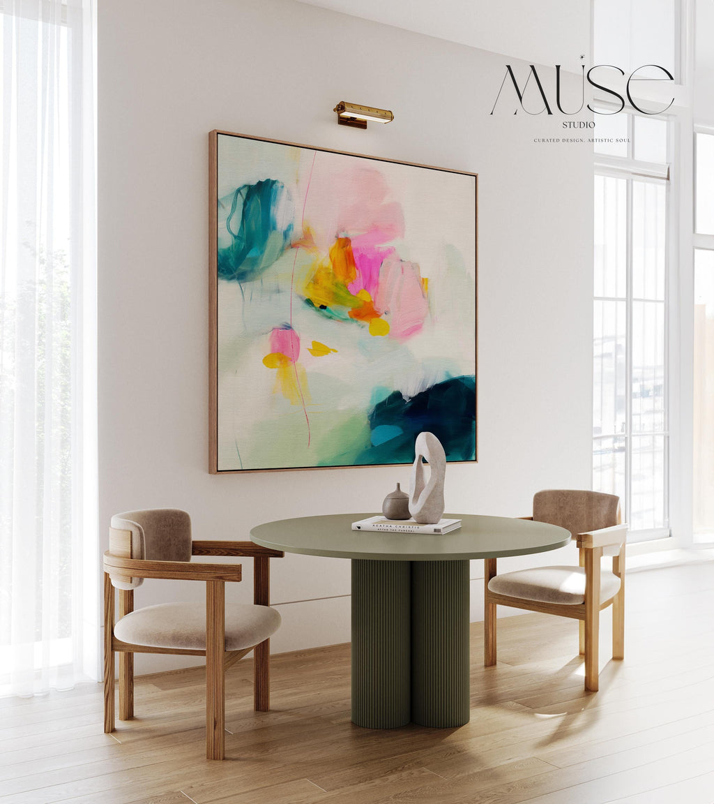 Large Pastel Abstract Canvas Wall Art in Pink, Teal, and Yellow, Framed Soft Neutral Painting for Dining Room or Entryway 454 Framed Canvas Art Colorful abstract wall art on framed canvas, perfect for bold decor art and modern wall decor. Large statement piece with expressive brushstrokes and rich textures. Ready-to-hang giclée canvas designed to energize living rooms, offices, and curated interiors. Muse Studio Decor Art.
